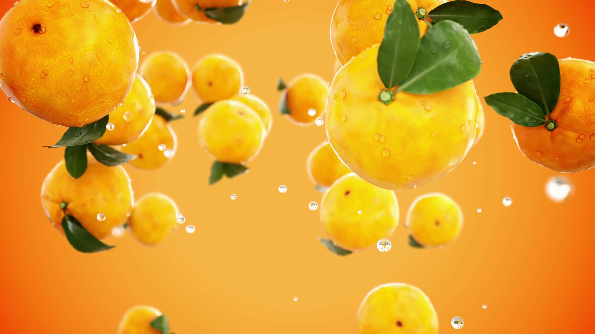 Fresh oranges falling with water drops. Slow motion. Realistic ...