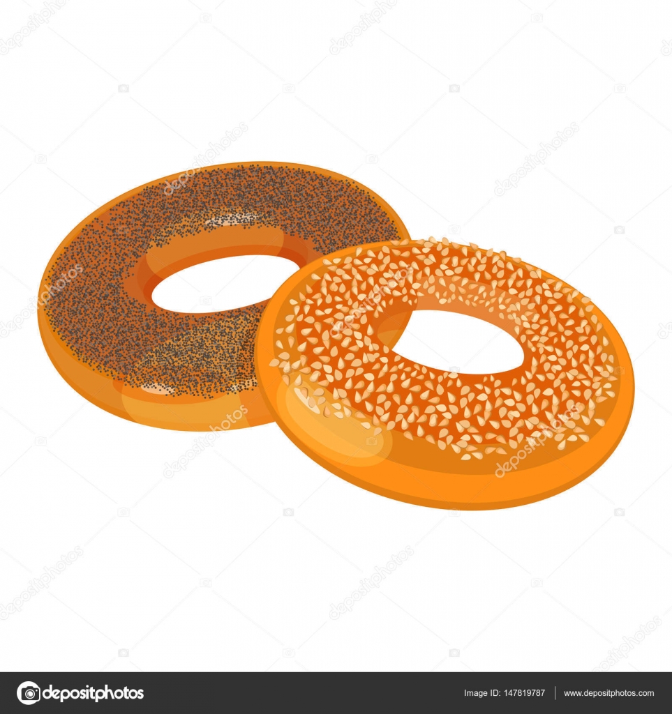 Two bagels with poppy and sesame seeds flat design on white — Stock ...