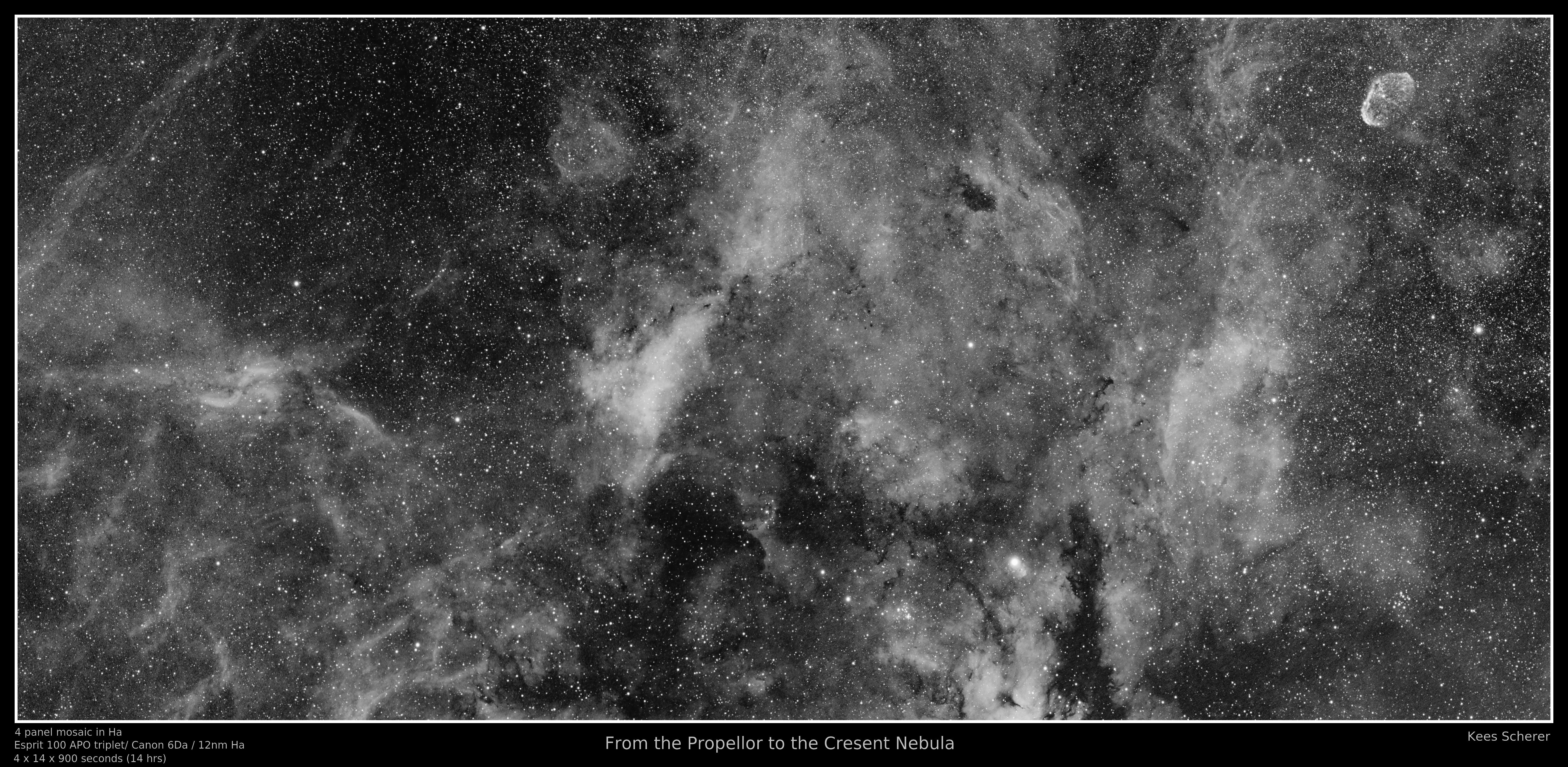 From the propellor to the cresent nebula, 4 panel mosaic in h-alpha. dslr image photo