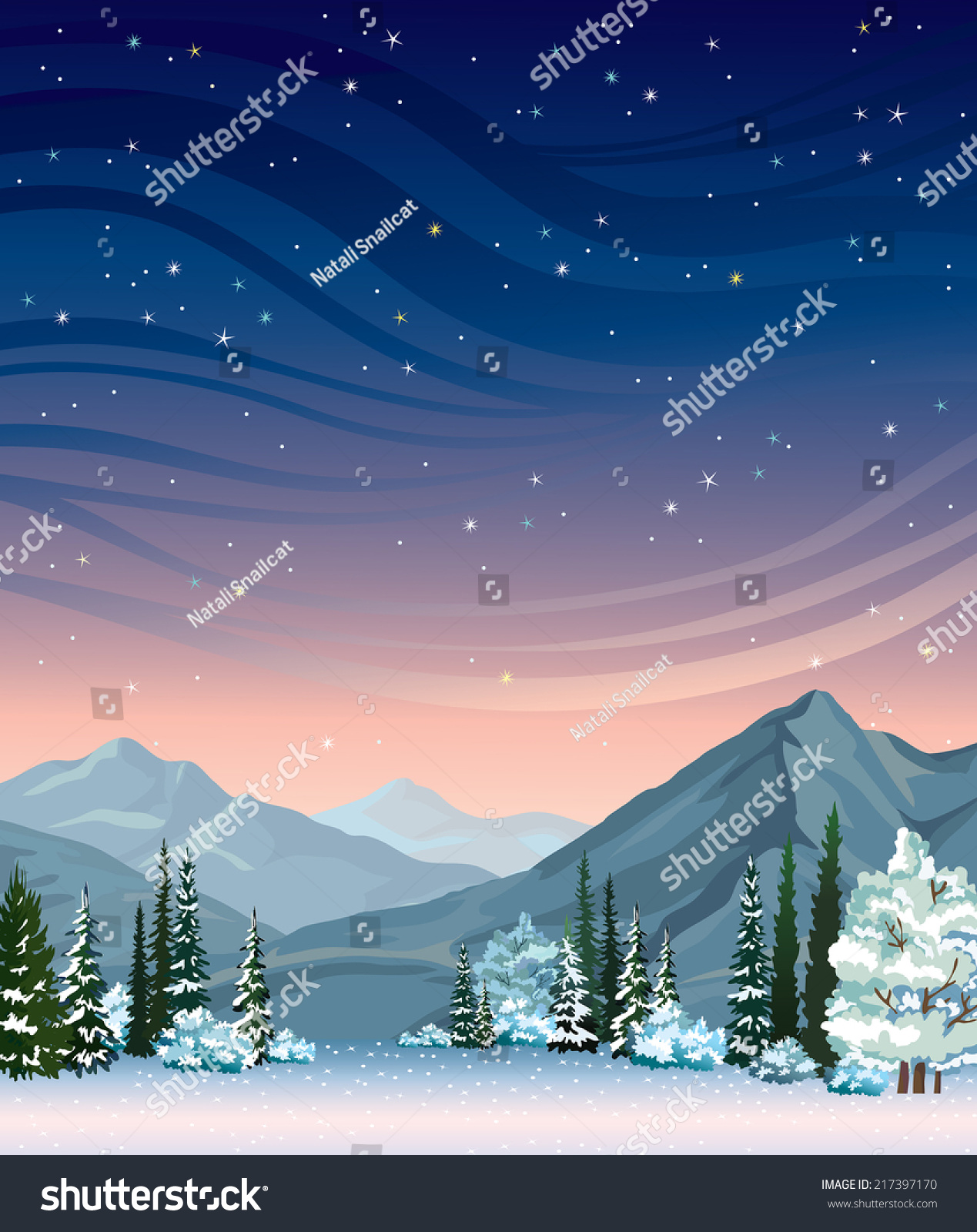 Night Starry Sky Frozen Forest Mountains Stock Photo (Photo, Vector ...