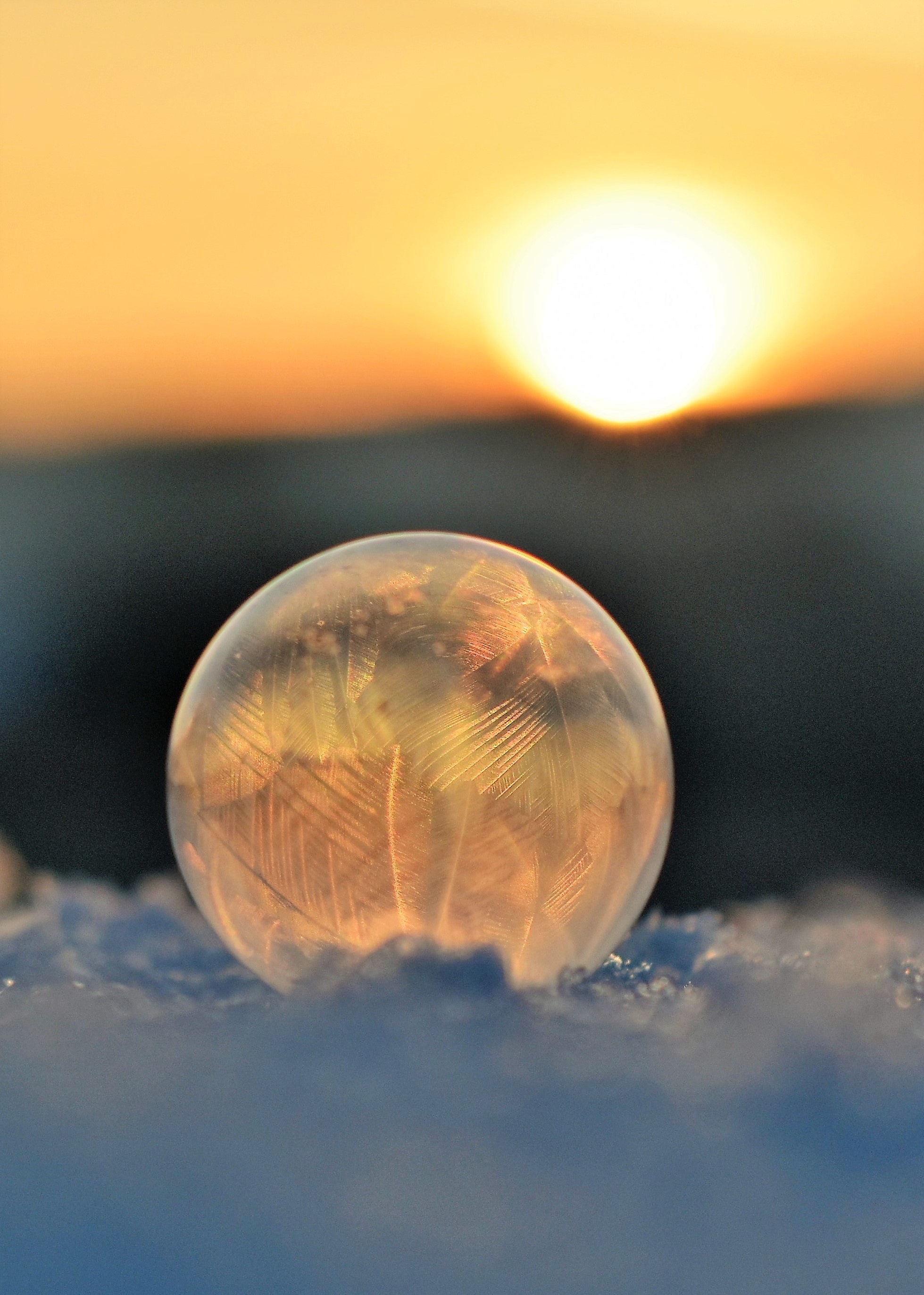 Frozen Soap Bubble Against Sky during Sunset, Light, Winter, Weather, Sunset, HQ Photo