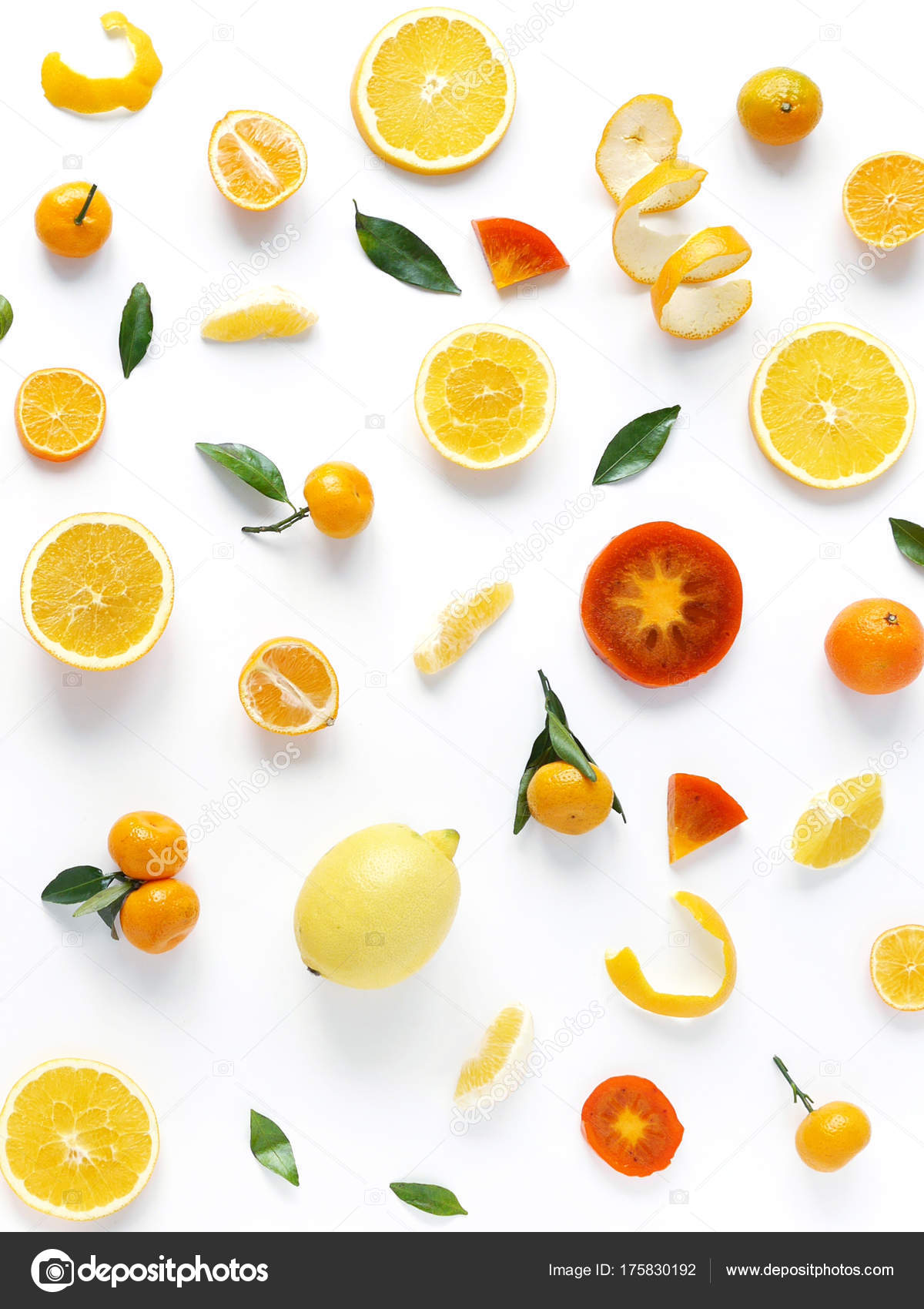 Creative Flat Layout Fruit Top View Sliced Oranges Lemon Persimmon ...