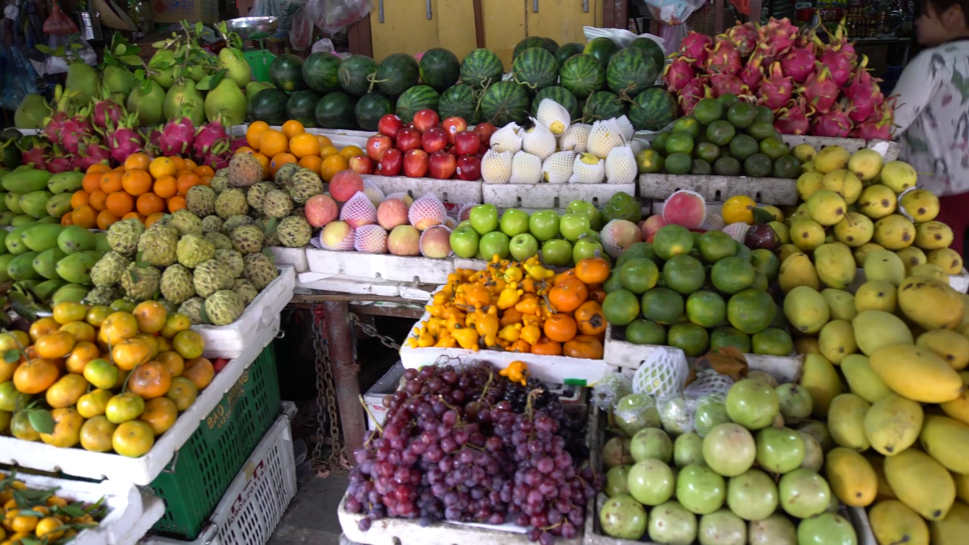 Large colorful bunch of fruits and vegetables for sale at a market ...