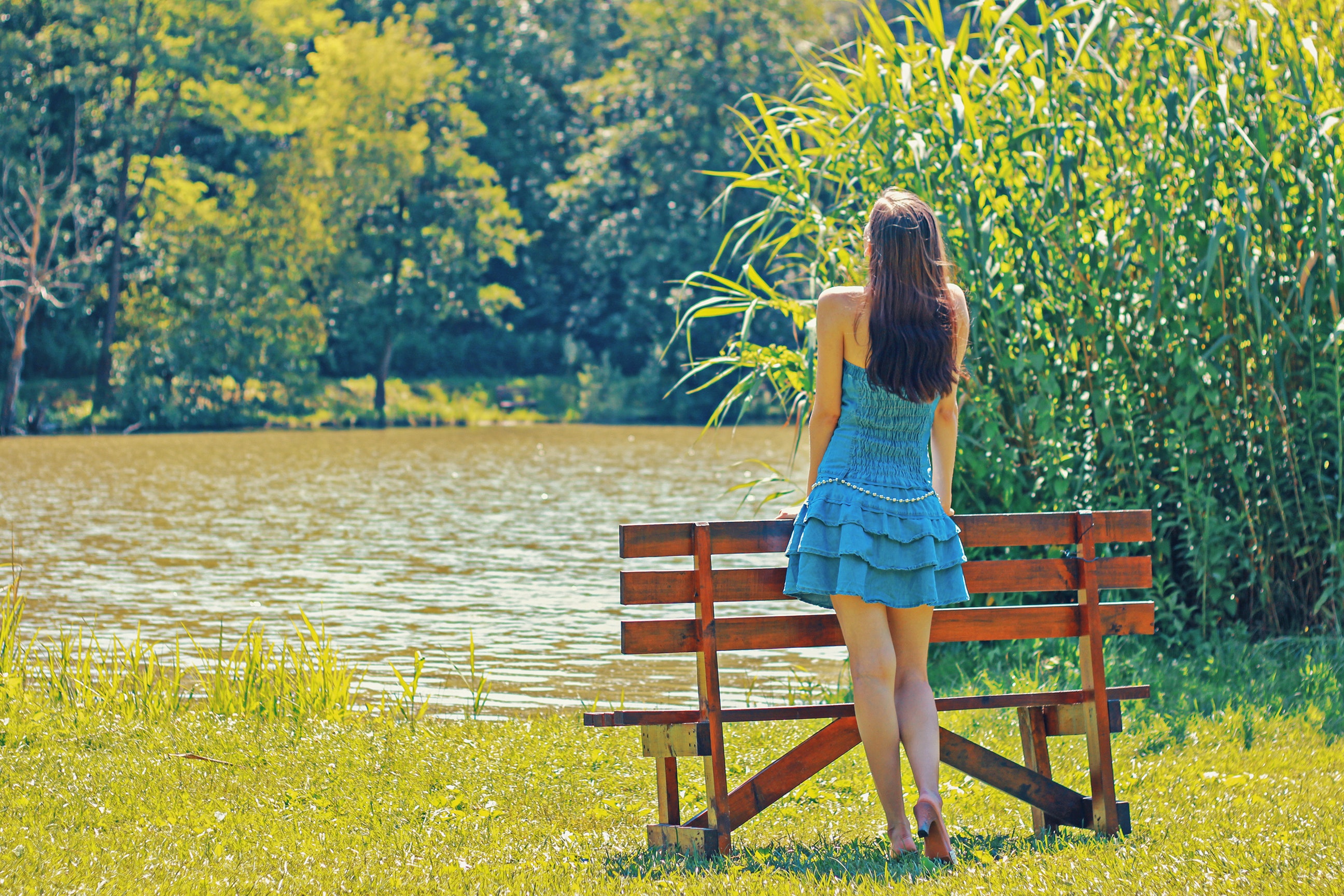 Full length rear view of a woman overlooking calm lake photo