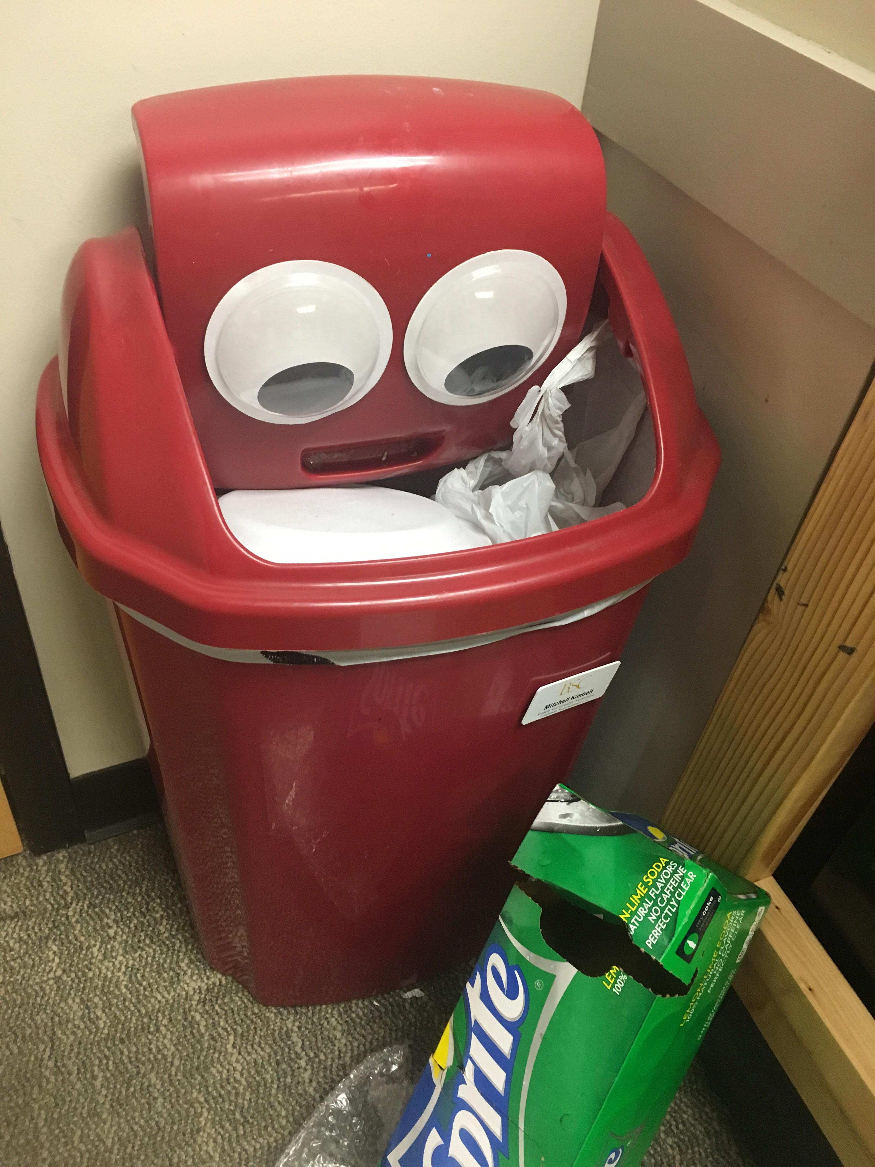 I put googly eyes on my trash can and it always looks concerned when ...