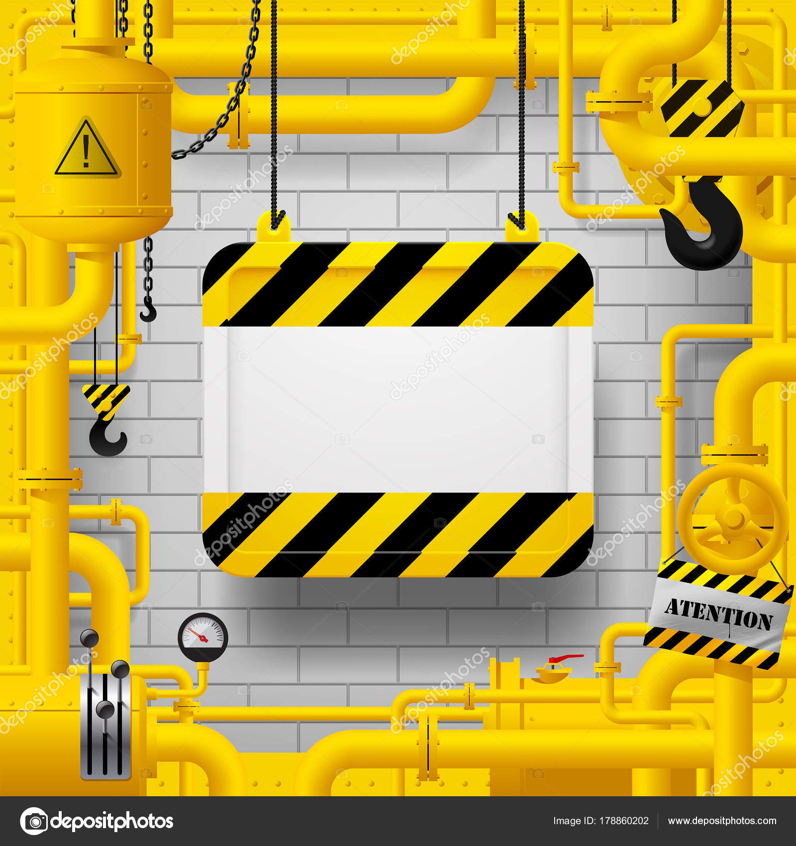 Yellow gas pipes and suspended sign with yellow and black stripes ...
