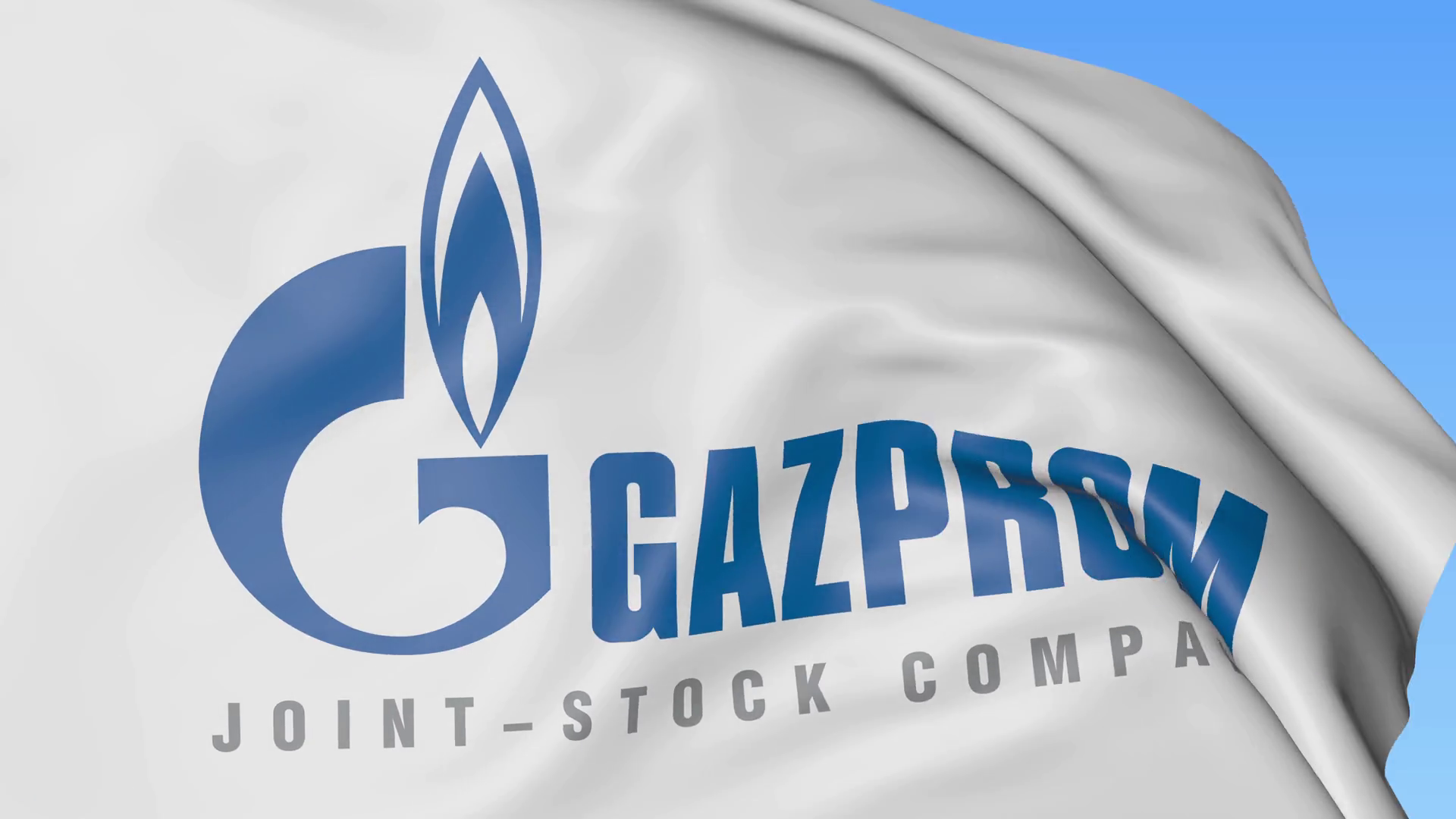 Close-up of waving flag with Gazprom logo, seamless loop, blue ...
