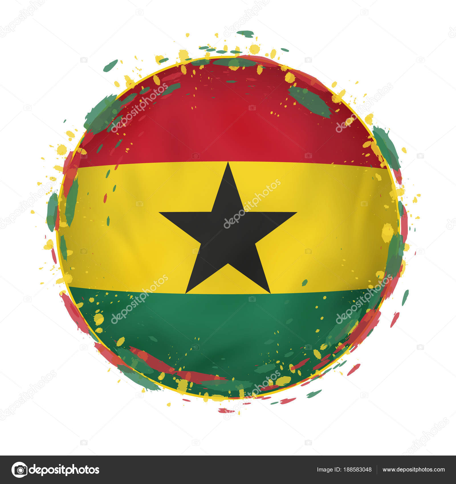 Round grunge flag of Ghana with splashes in flag color. — Stock ...