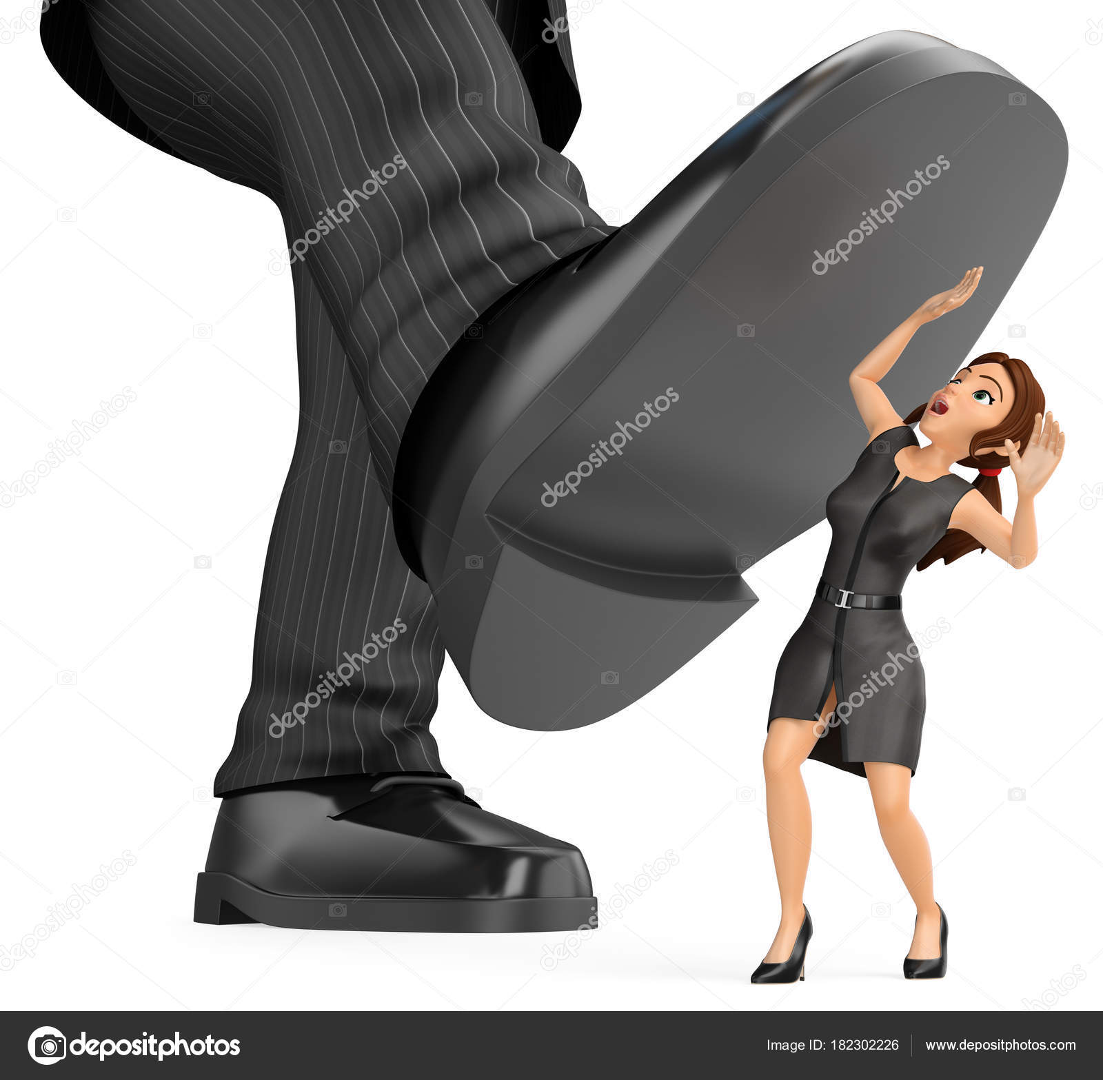 3D Business woman under a giant foot of man. Gender inequality ...
