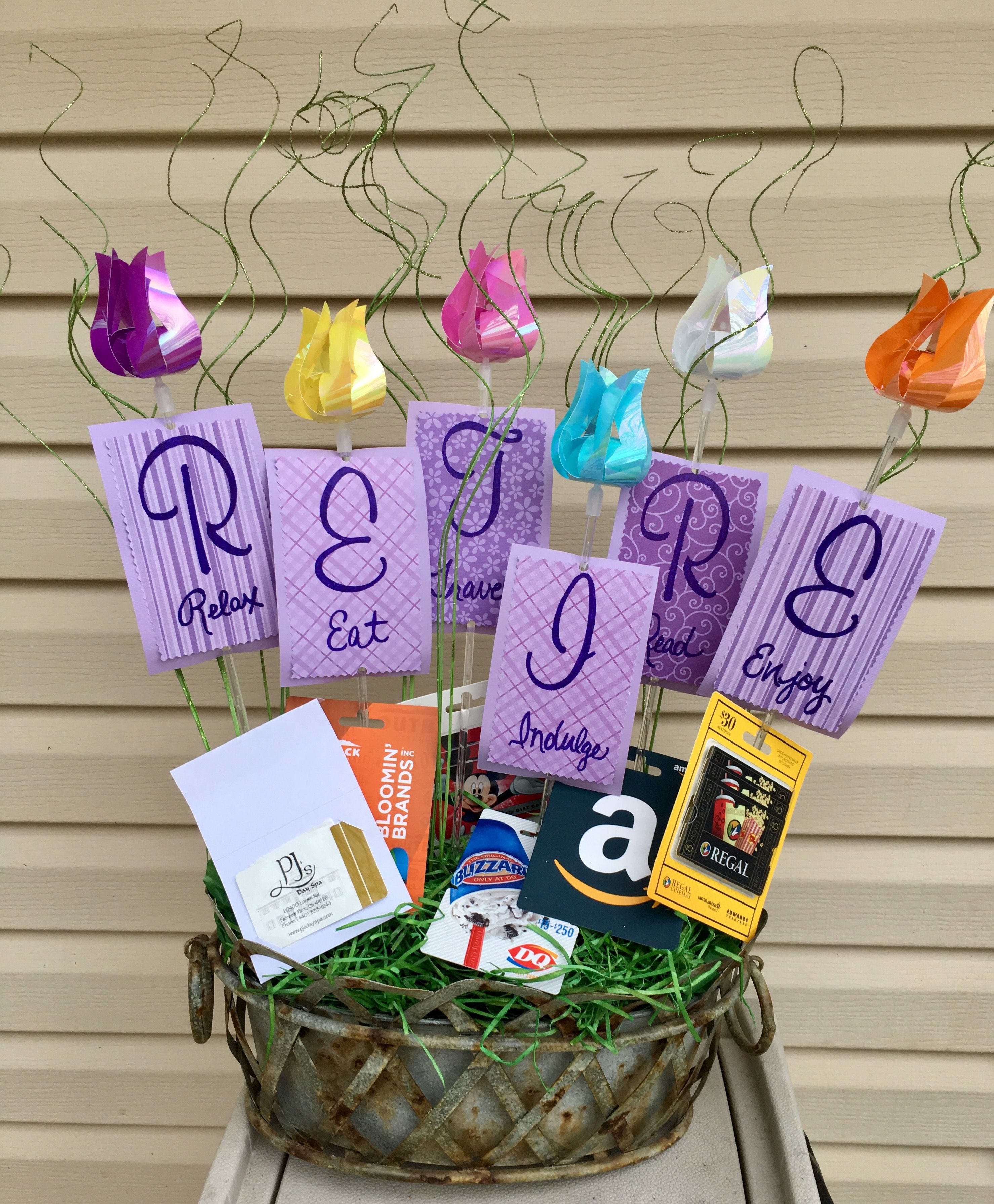 Retirement gift basket with gift cards: Relax, Eat, Travel, Indulge ...