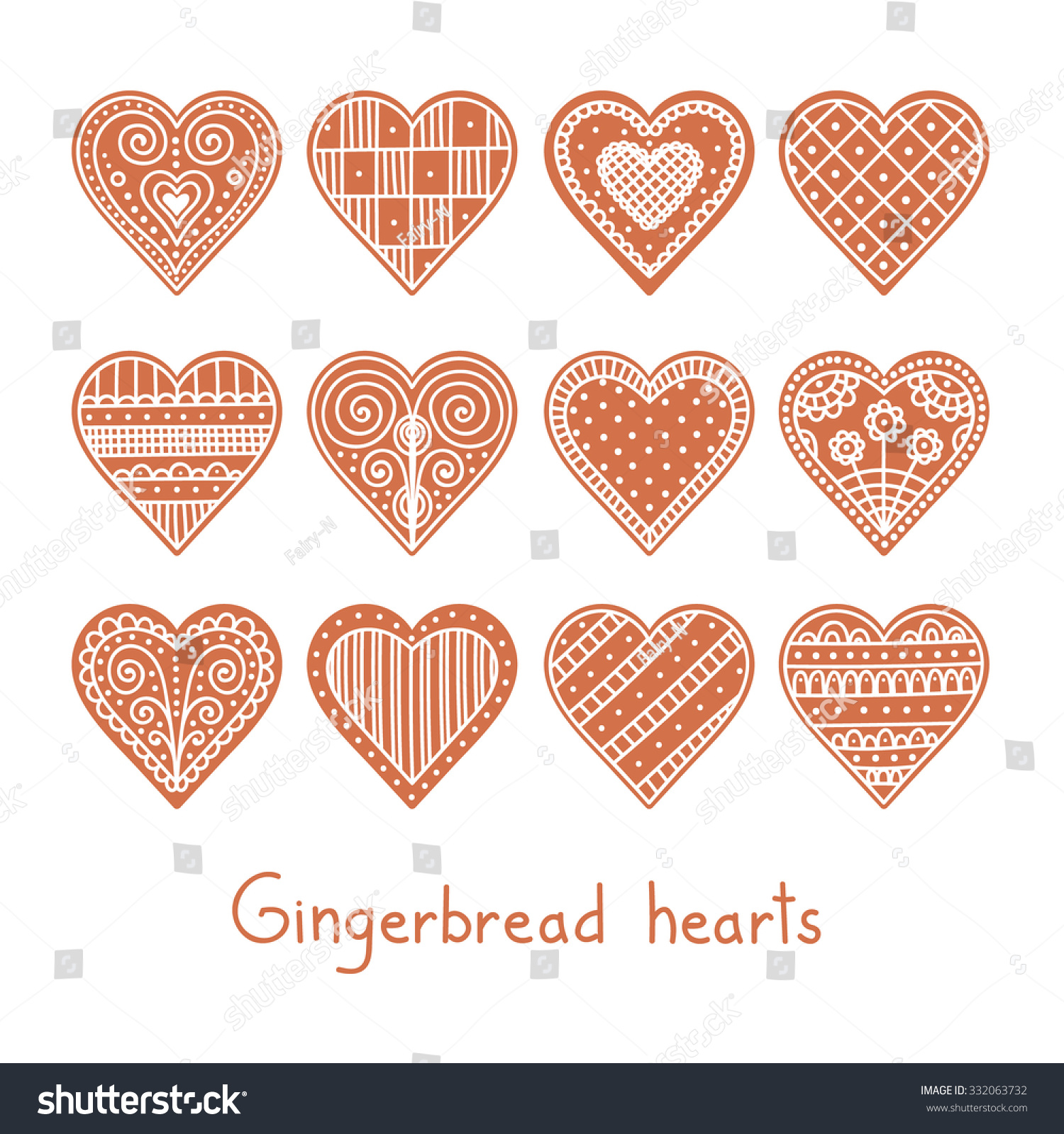 Hand Drawn Set Christmas Gingerbread Hearts Stock Vector 332063732 ...