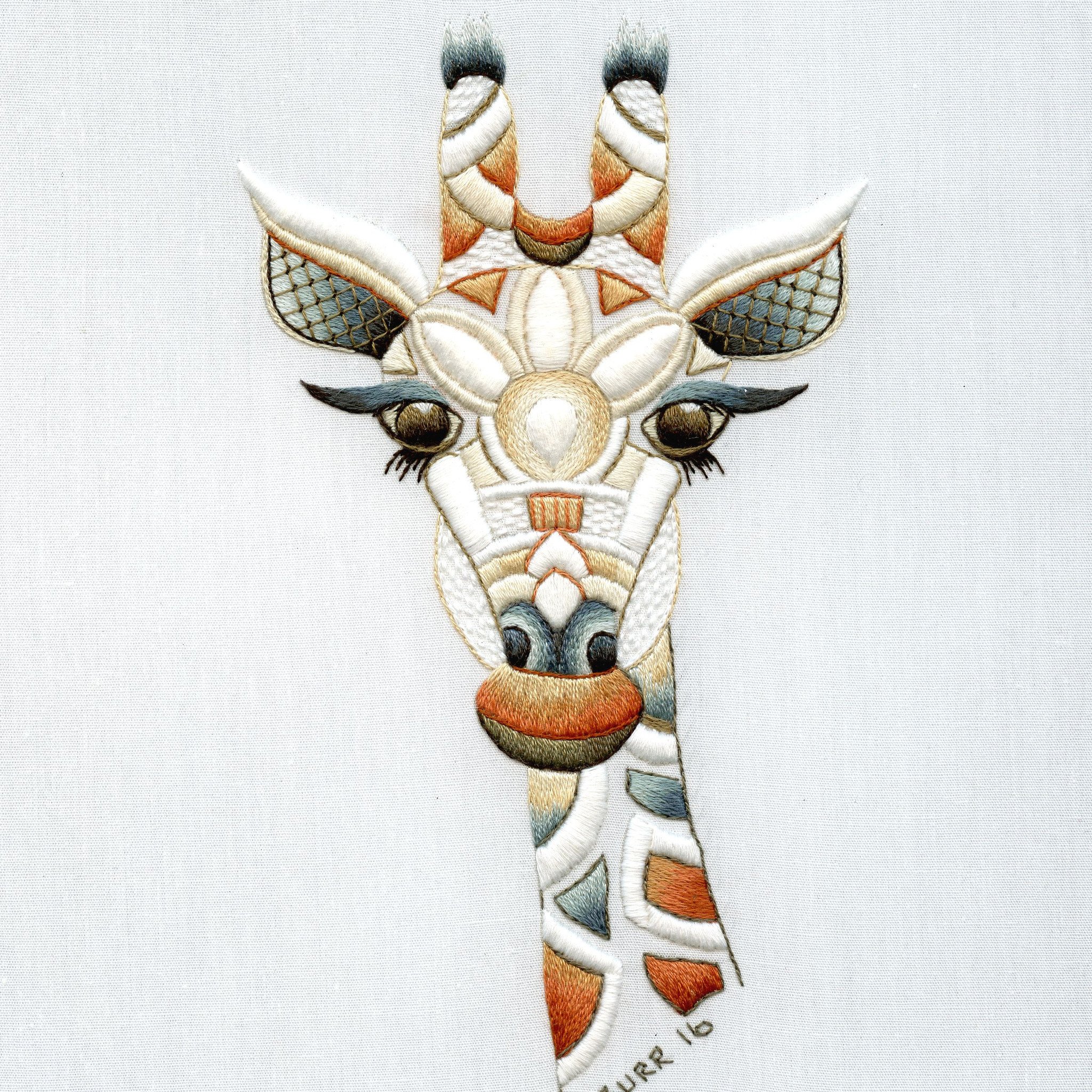 Giraffe with Barbara Streisand Eyes - TrishBurr Embroidery