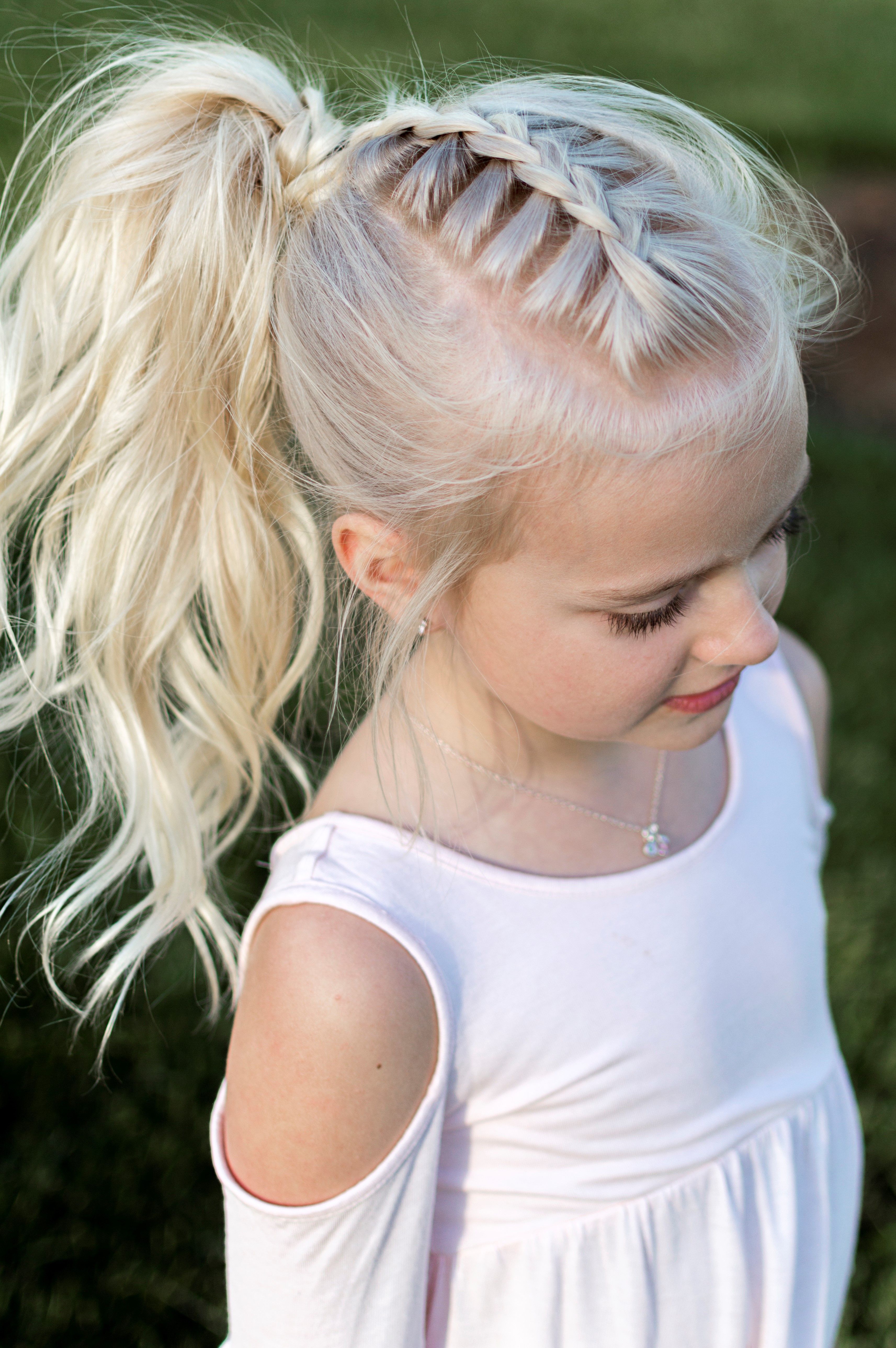 little girl hairstyle french braid pony tail curls high pony ...