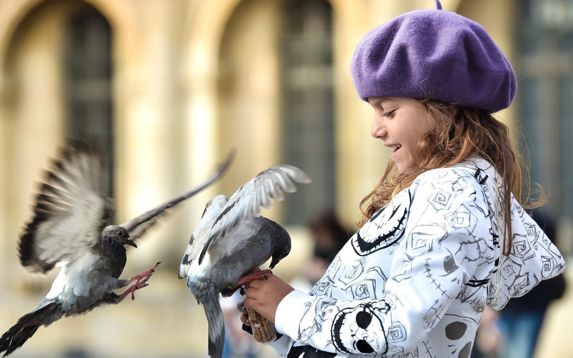 Mood children girl bird birds pigeon pigeons hat smile blur walk ...