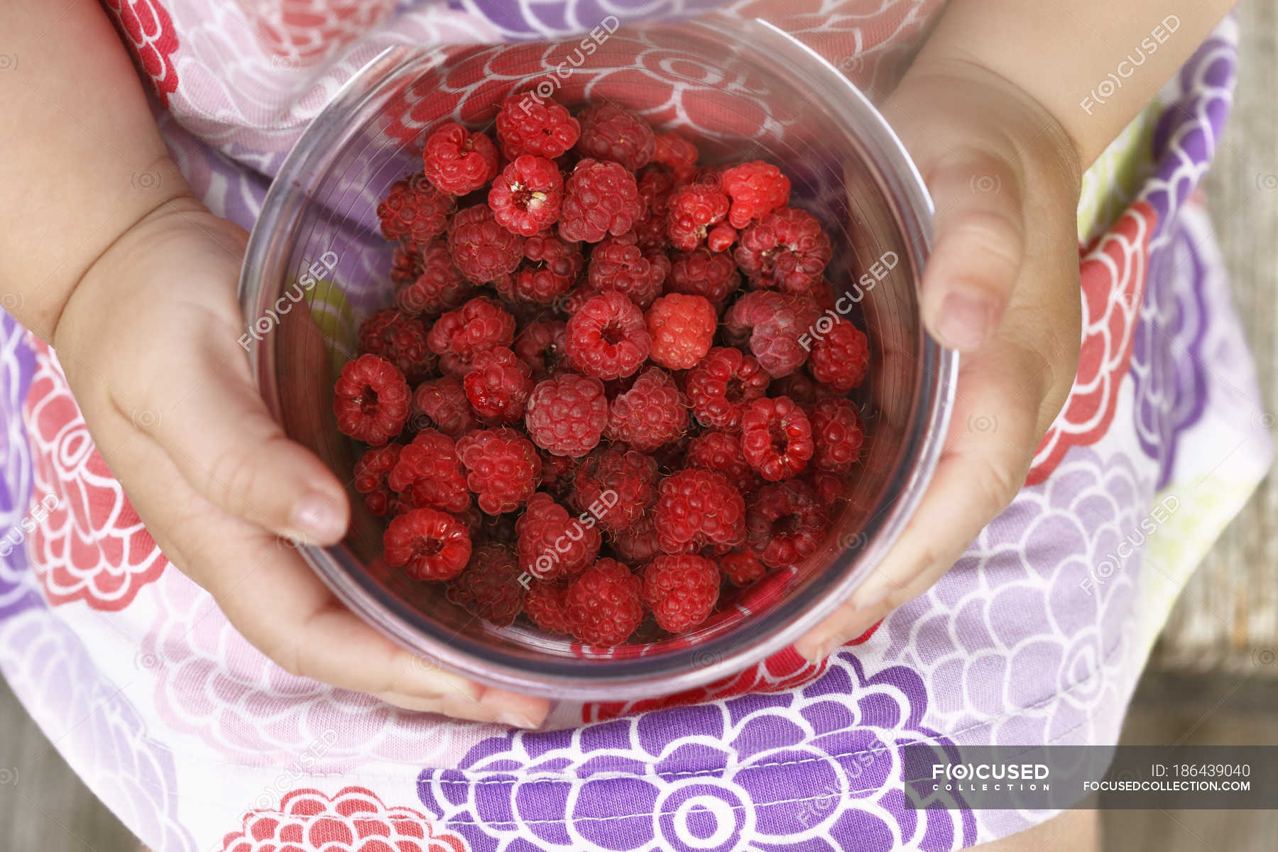 Girl holding bowl with raspberries, top view — Stock Photo | #186439040