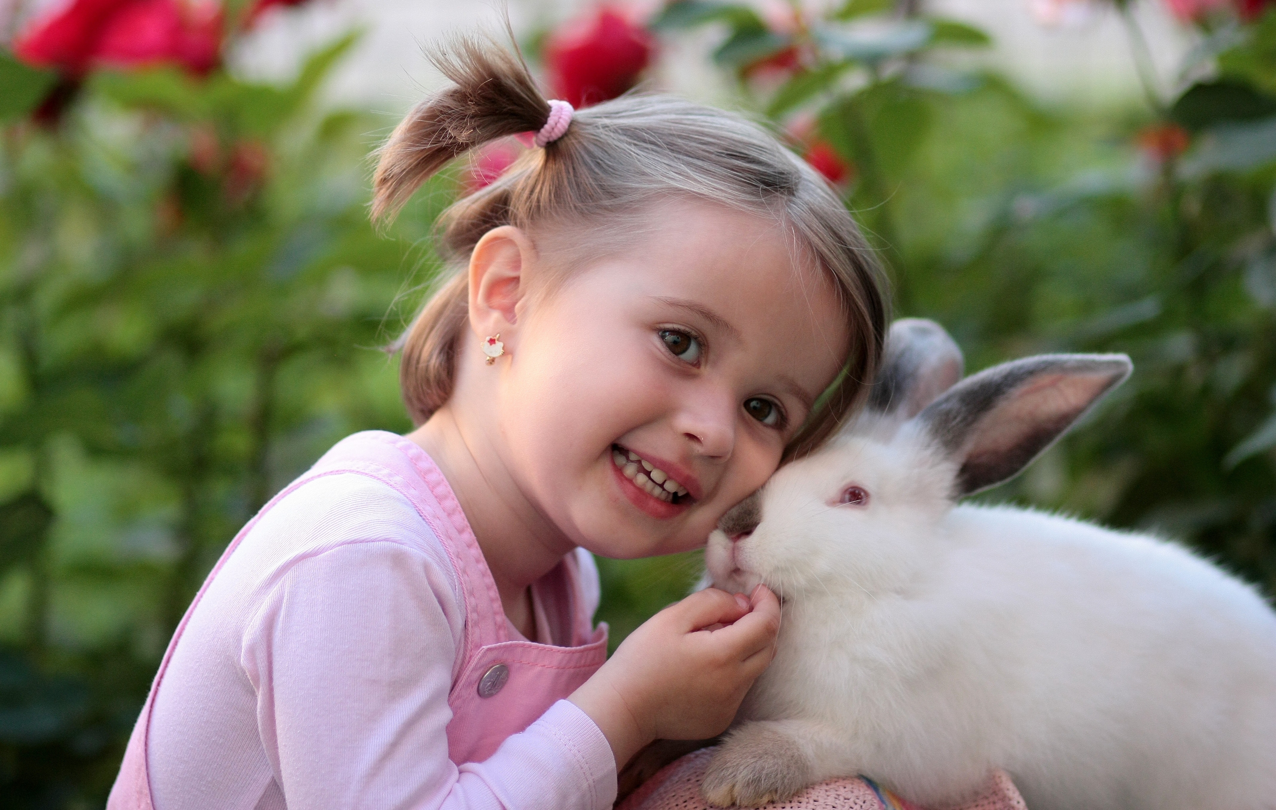 Girl holding white rabbit during daytime photo