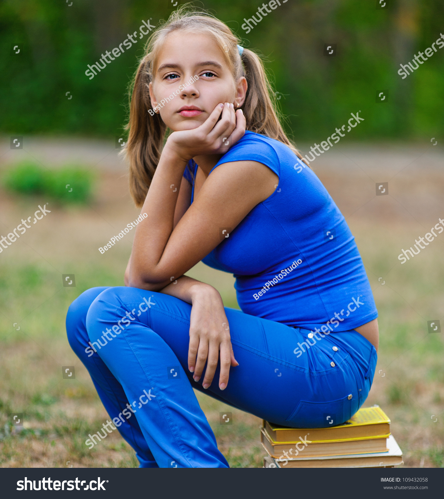 Teenager Girl Blue Dress Sitting On Stock Photo (Download Now ...