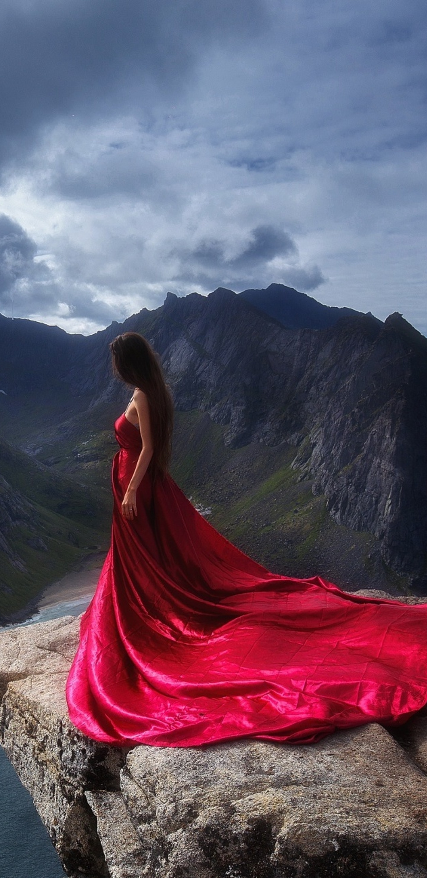 1440x2960 Girl In Red Dress Standing On The Edge Of Mountain Cliff ...