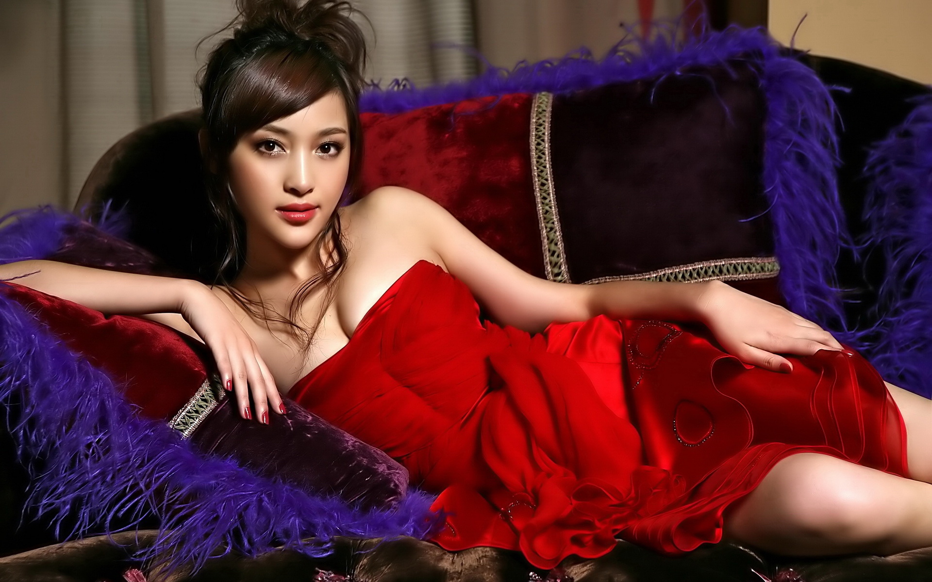 Cute Asian Girl in Red Dress widescreen wallpaper | Wide-Wallpapers.NET