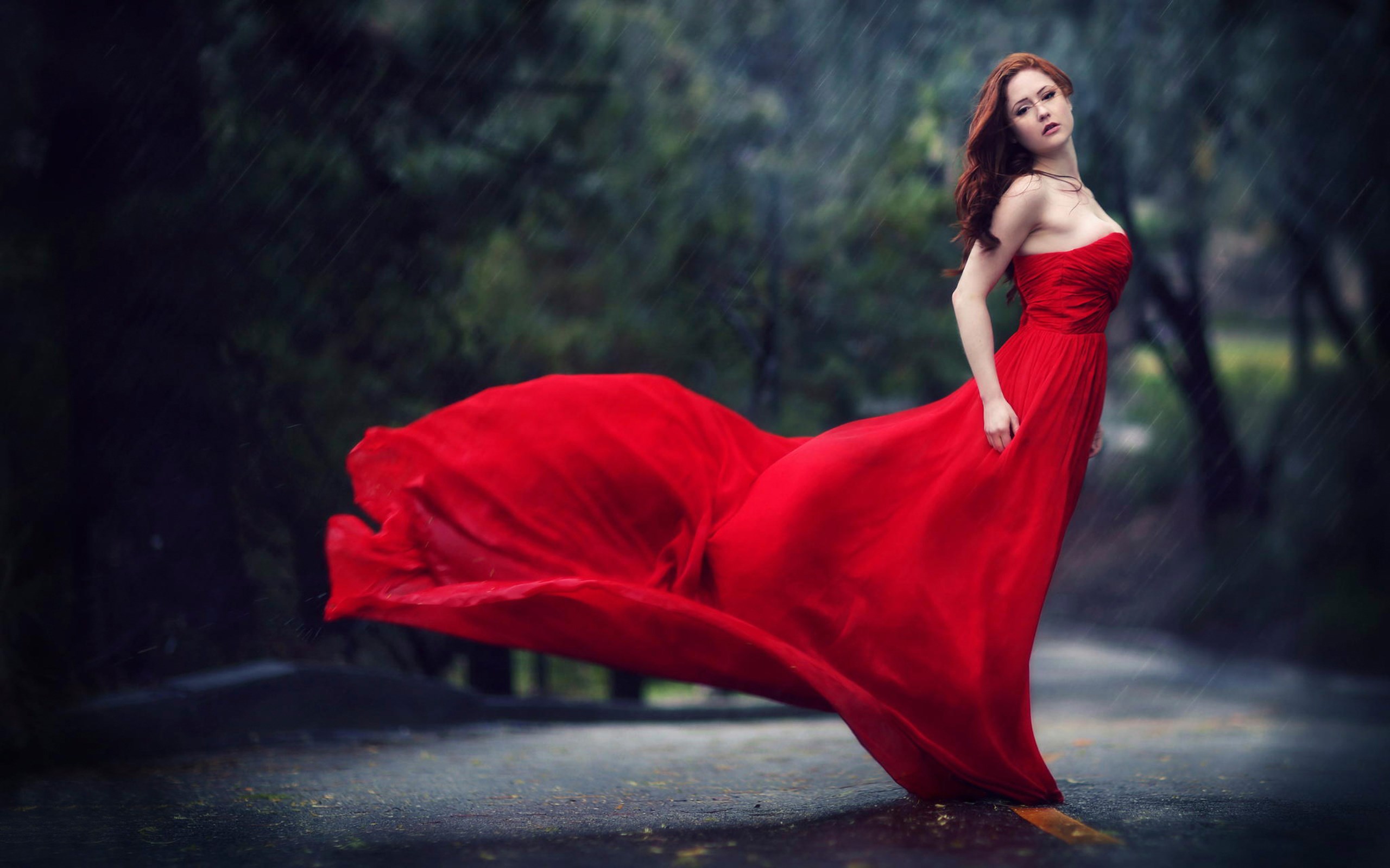 Red Dressed Girl In Rain | HD Wallpapers
