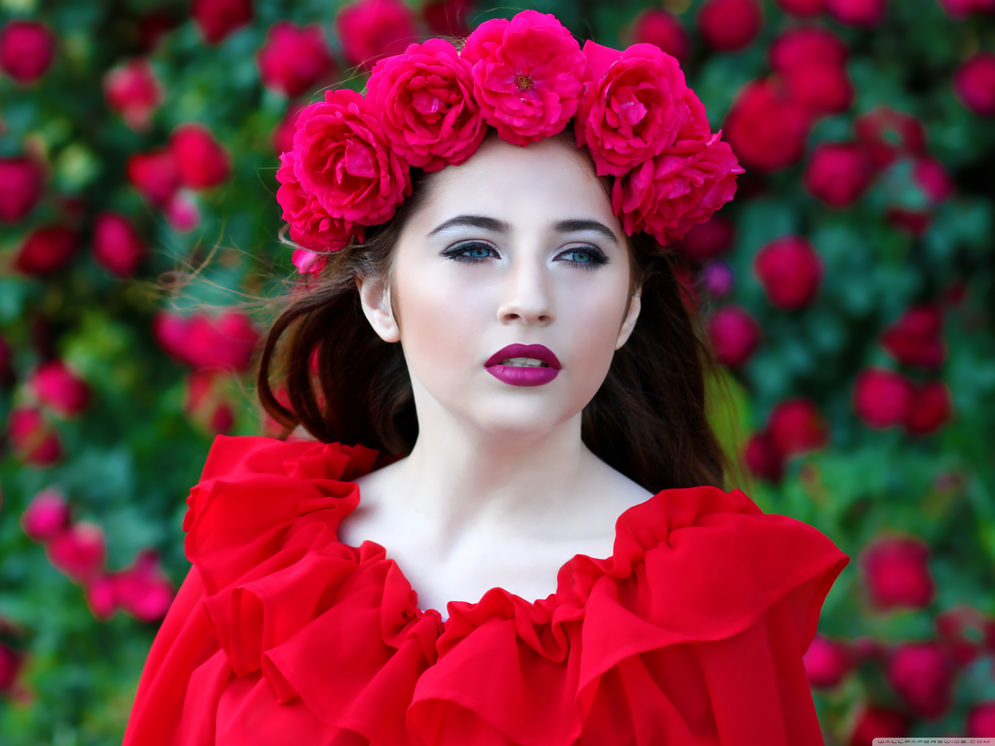 Woman in Red Dress, Red Roses Wreath ❤ 4K HD Desktop Wallpaper for ...