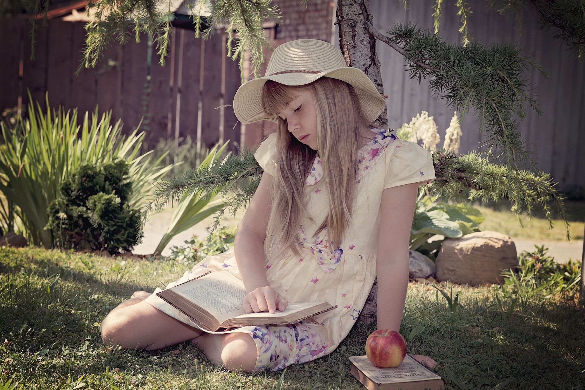 Girl in white and blue dress reading books while sitting on lawn photo