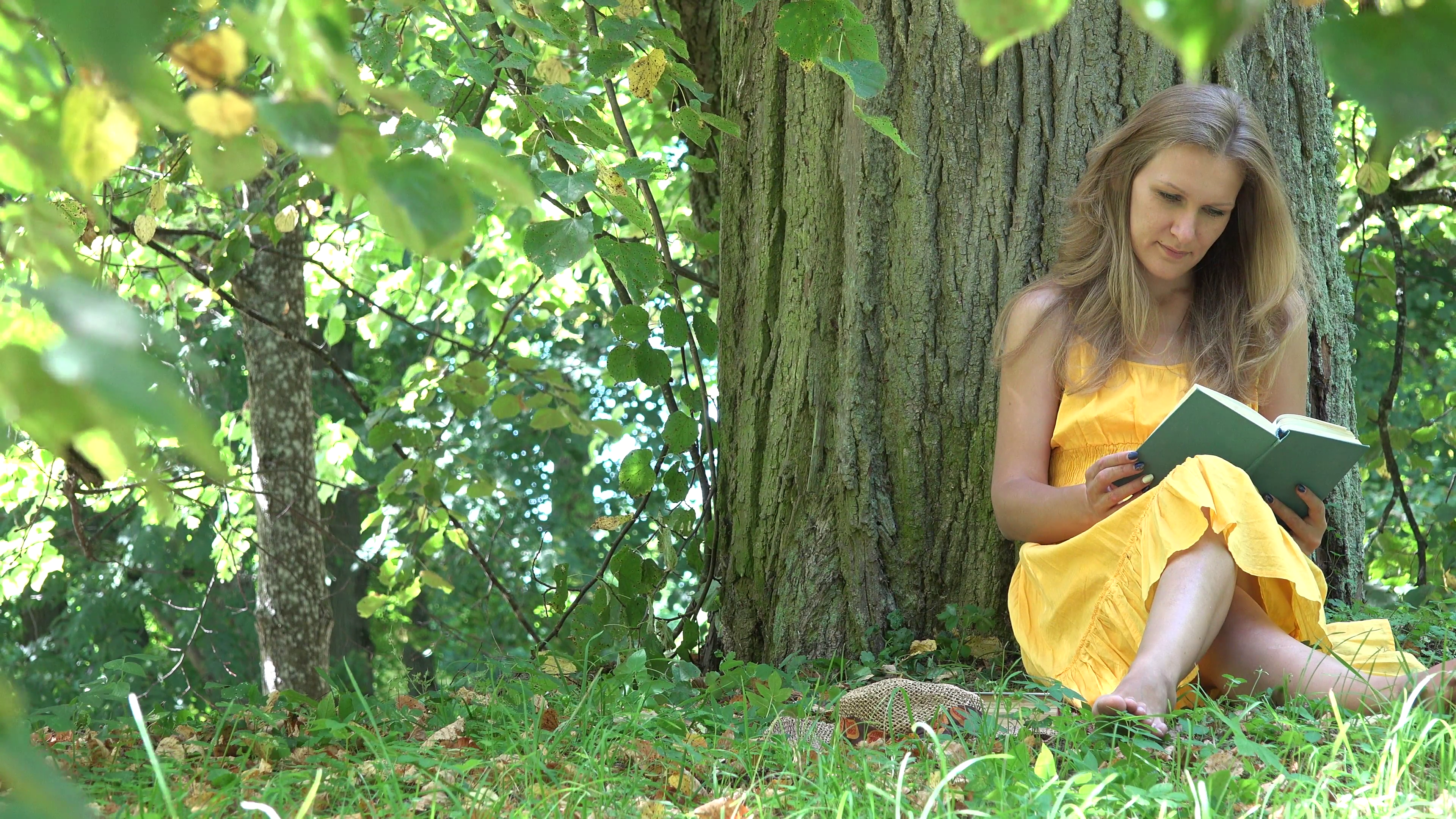 Cute woman girl in yellow dress sit under old tree enjoy read novel ...