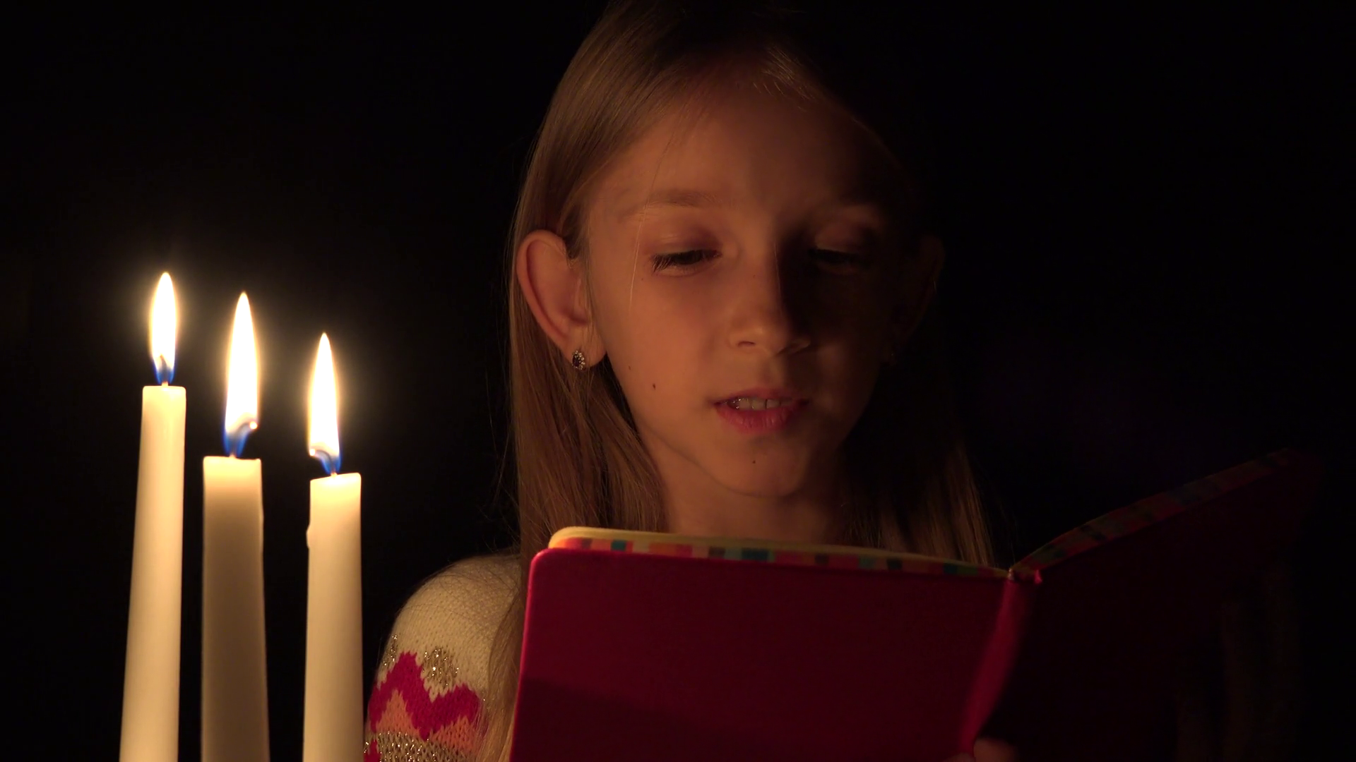 4K Reading Child by Candles, Prayer Girl in Night, Kid Portrait ...