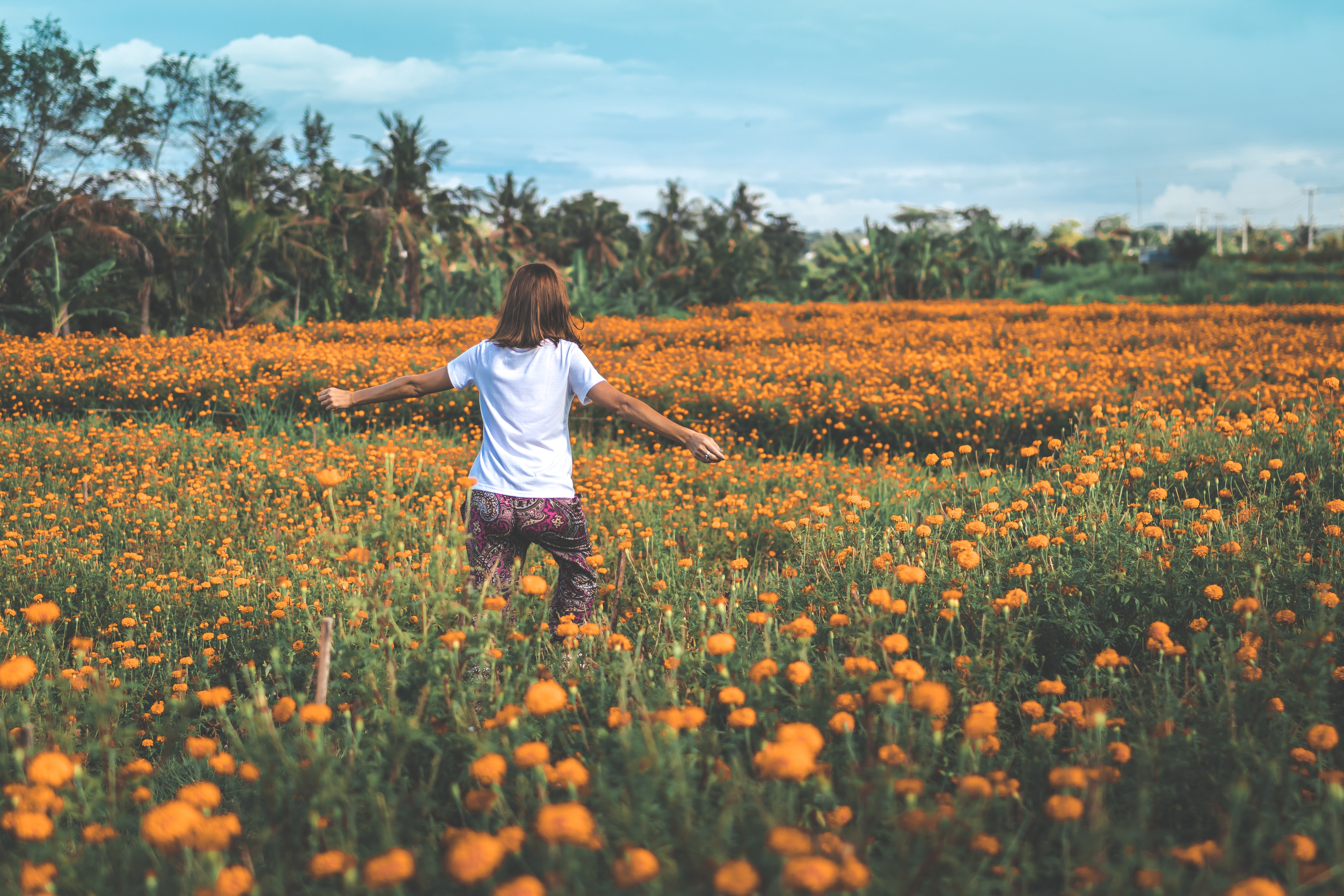 Girl running on yellow flowers photo