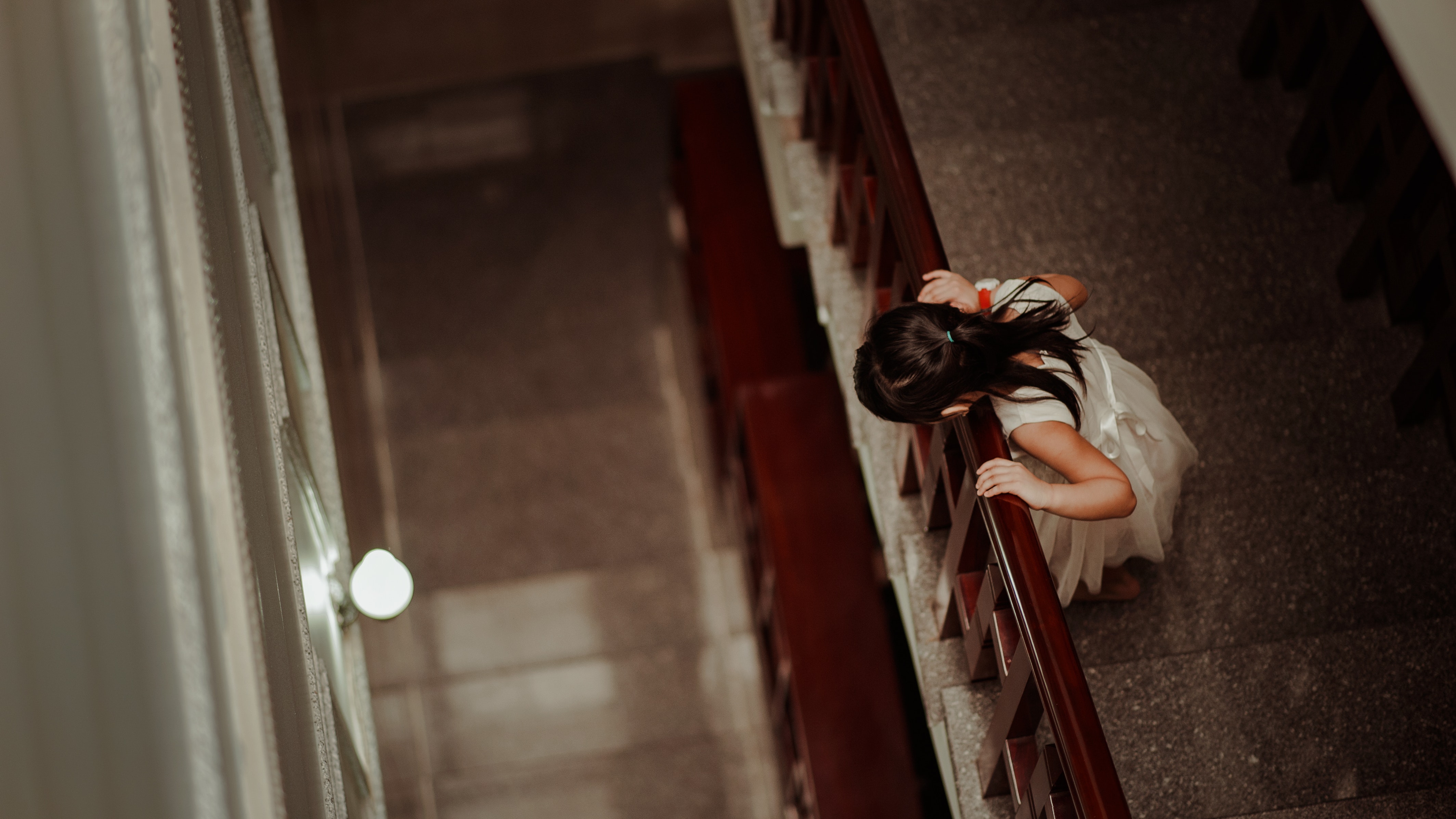 Girl Standing Beside Wall, Looking down, Young, Steps, Stairs, HQ Photo