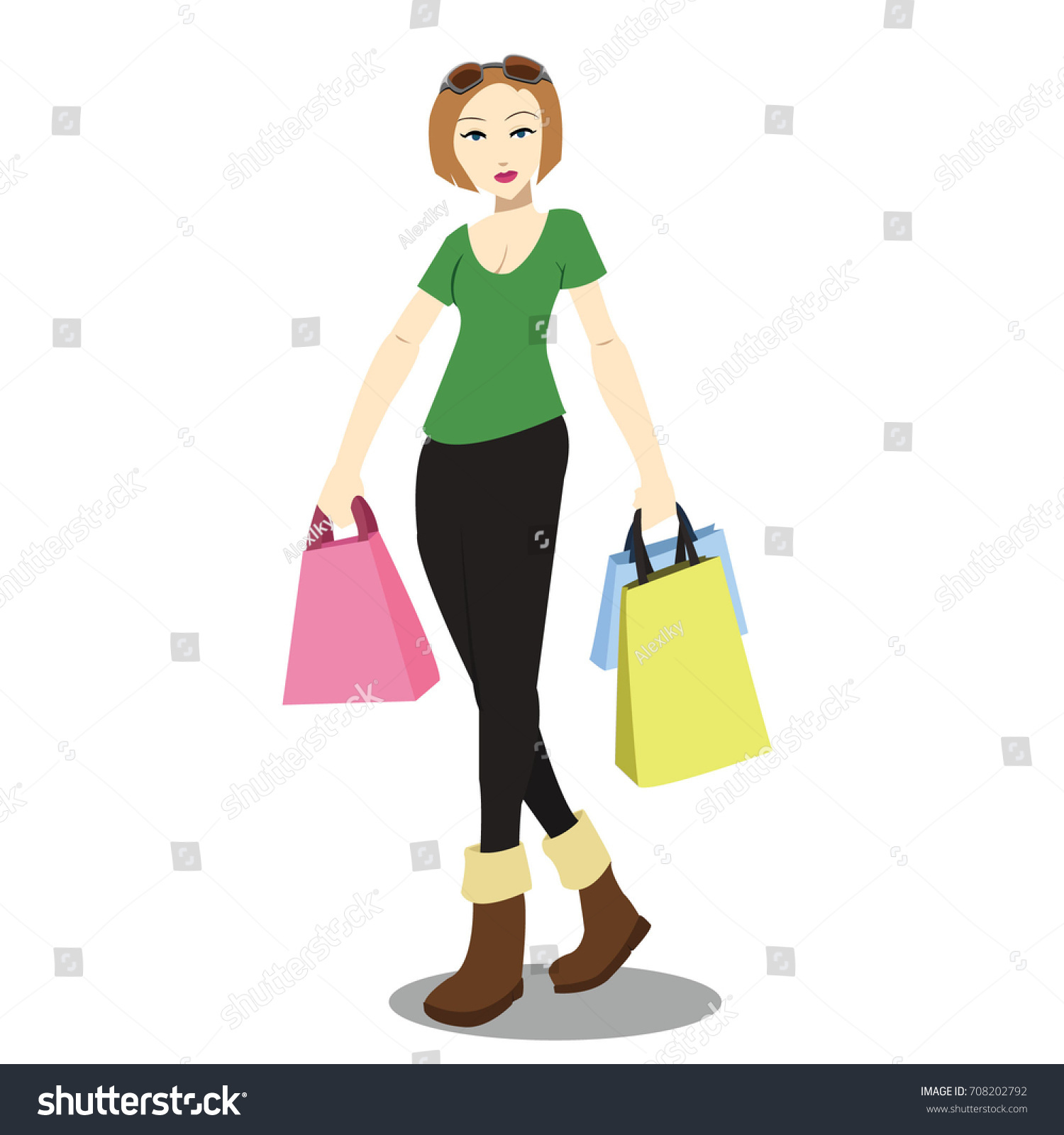 Happy Shopping Girl Sunglasses Woman Shopping Stock Vector 708202792 ...