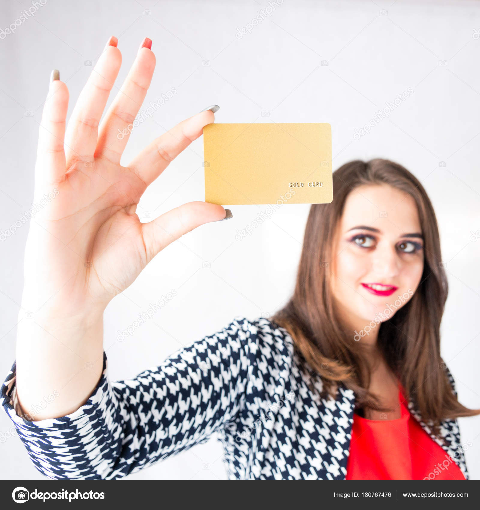 sexy business girl with credit card in hand, fat model in jacket ...