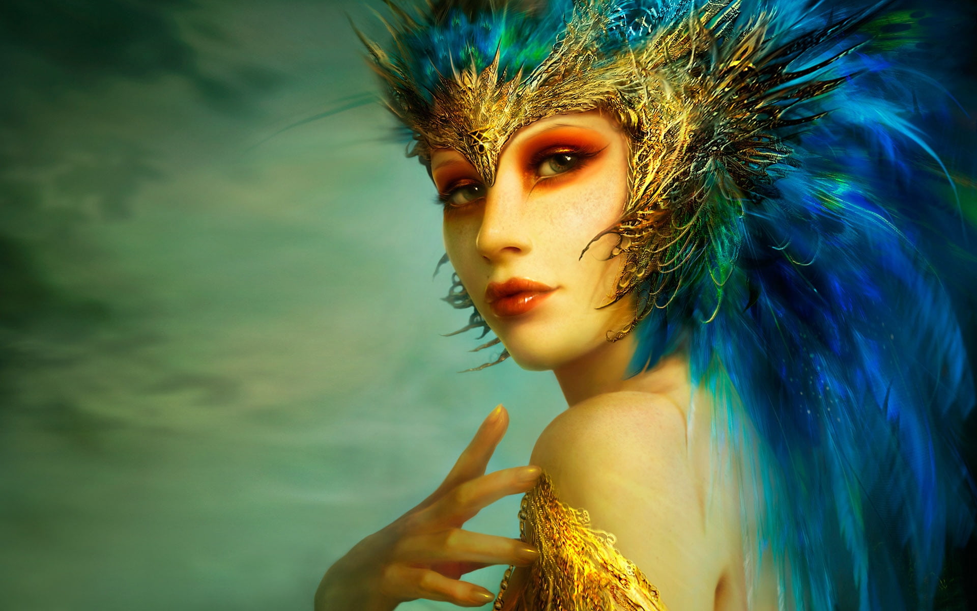 Woman with blue feather head dress art HD wallpaper | Wallpaper Flare
