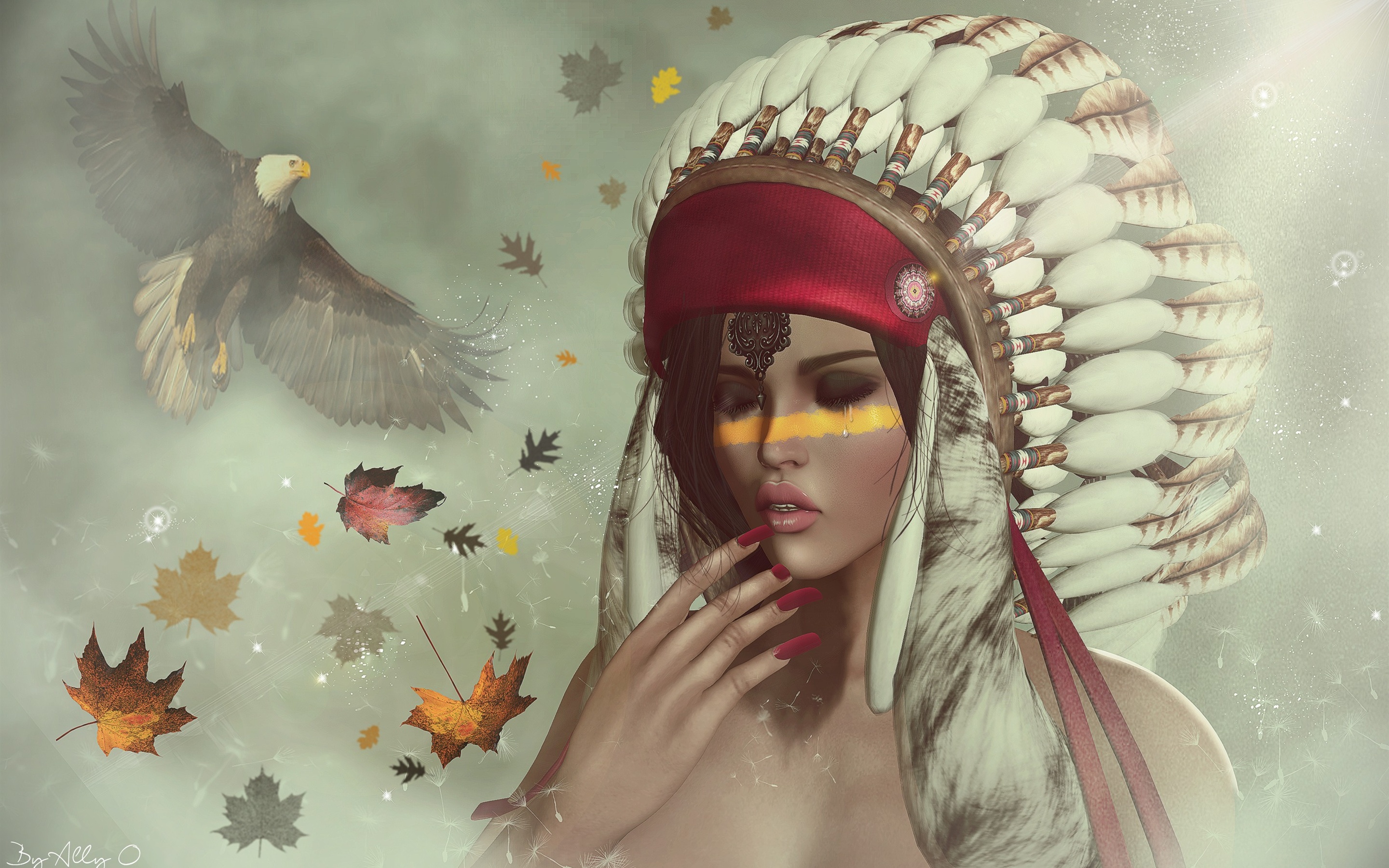 Wallpaper Indian girl, feathers, eagle, fantasy art 2880x1800 HD ...
