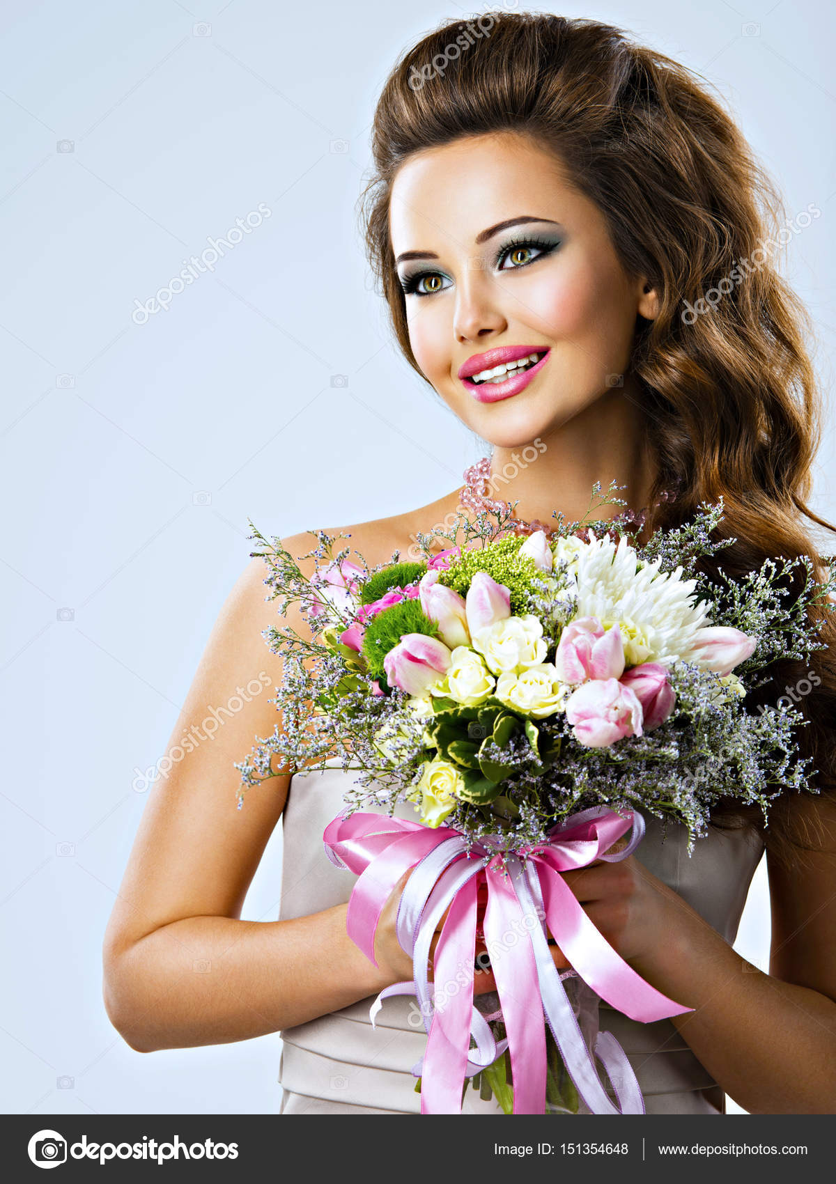 Happy beautiful girl with flowers in hands — Stock Photo ...