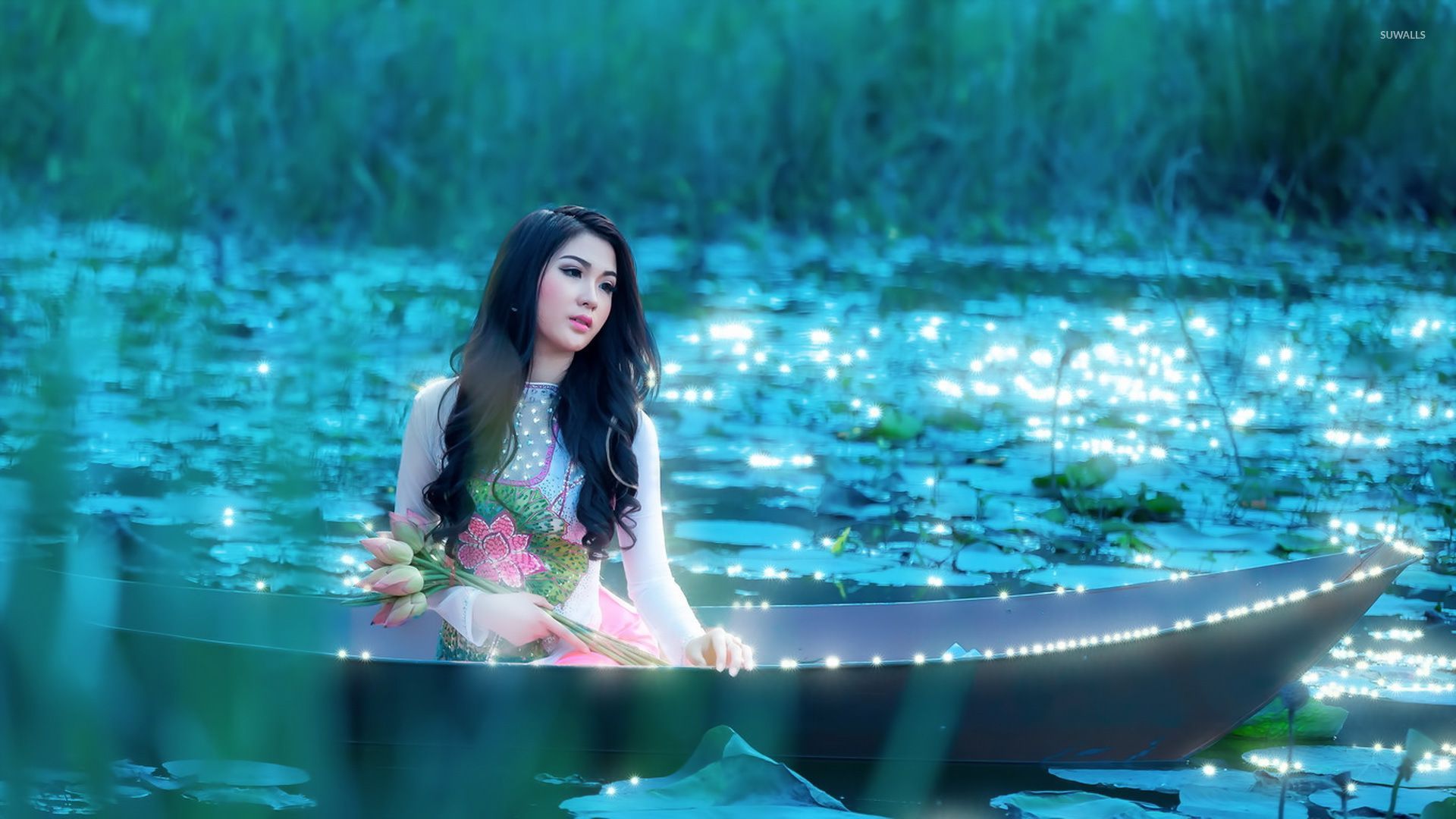 Girl with flowers sitting in the boat wallpaper - Girl wallpapers ...