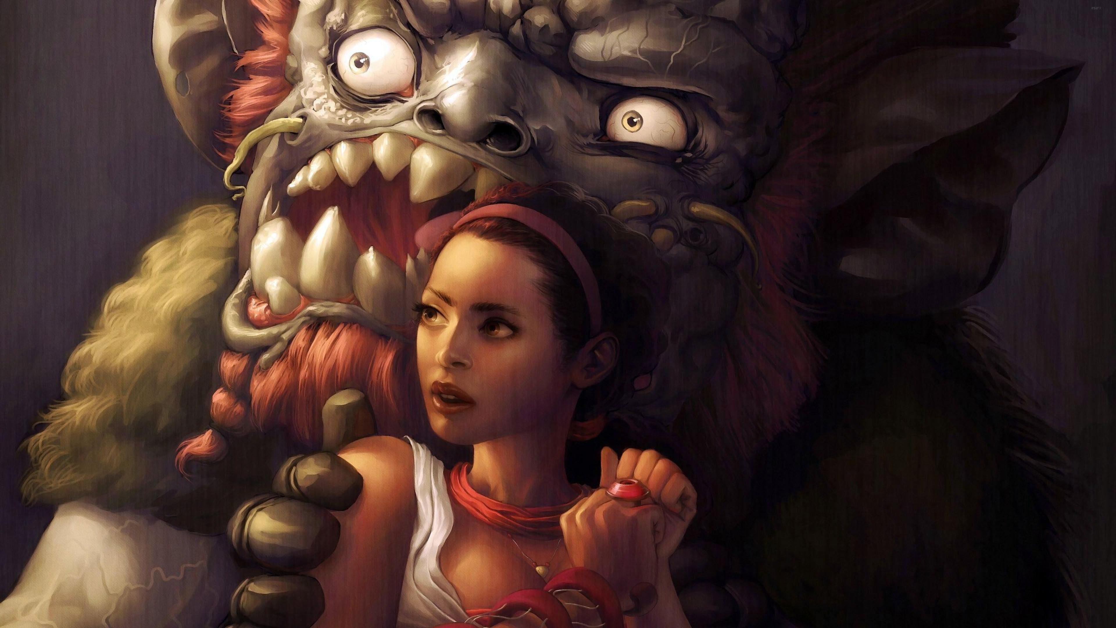 3840x2160 friendship between monster and girl woman fantasy monster ...