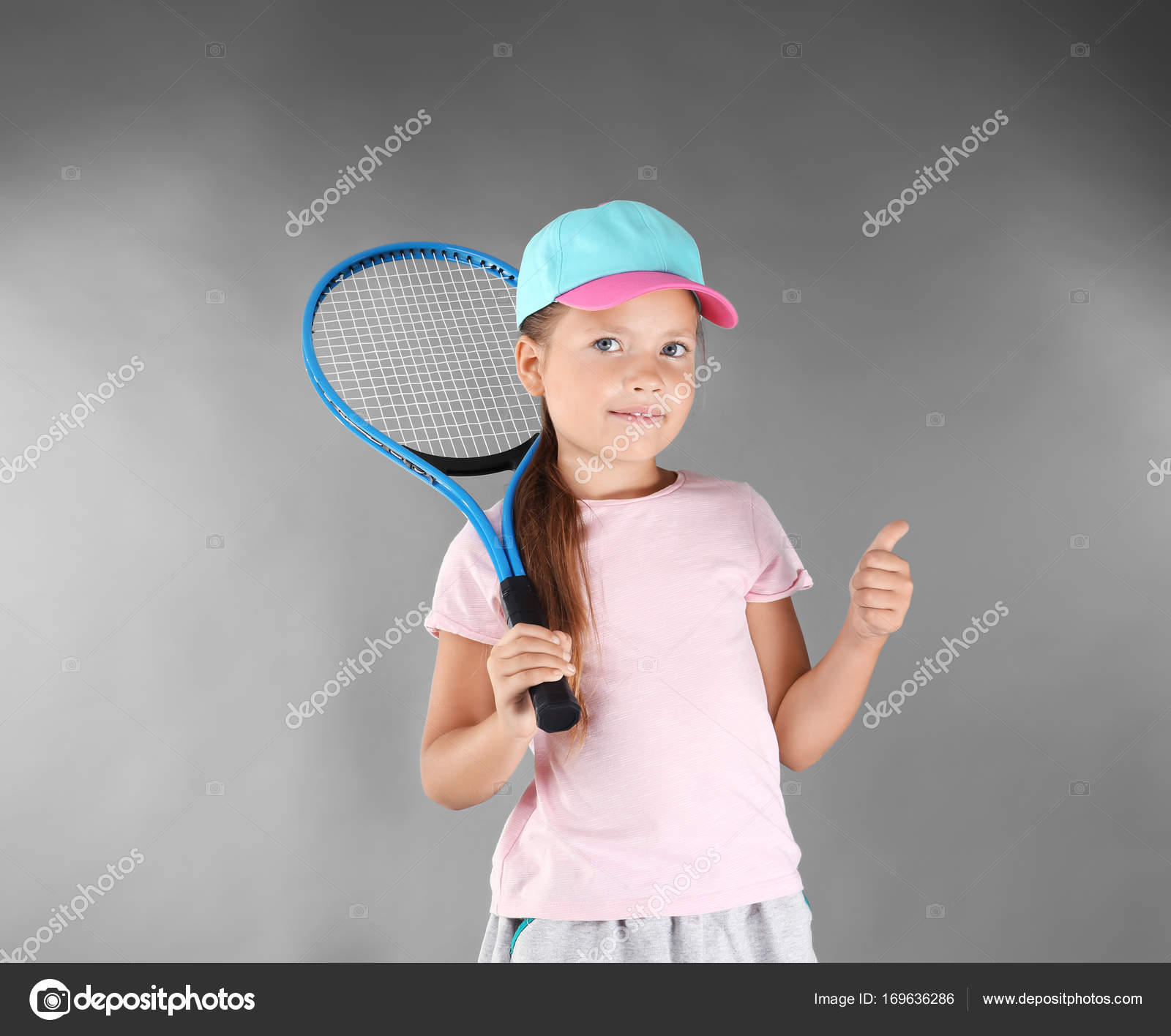 Cute Little Girl Tennis Racket Color Background — Stock Photo ...