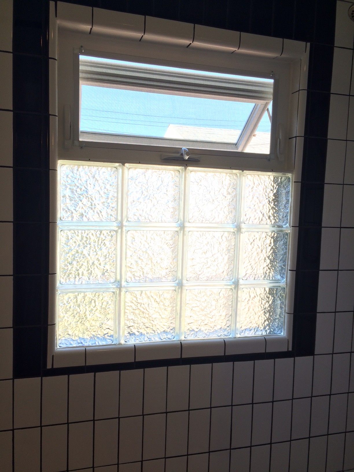 Black and white bathroom remodel. Glass block with awning window top ...