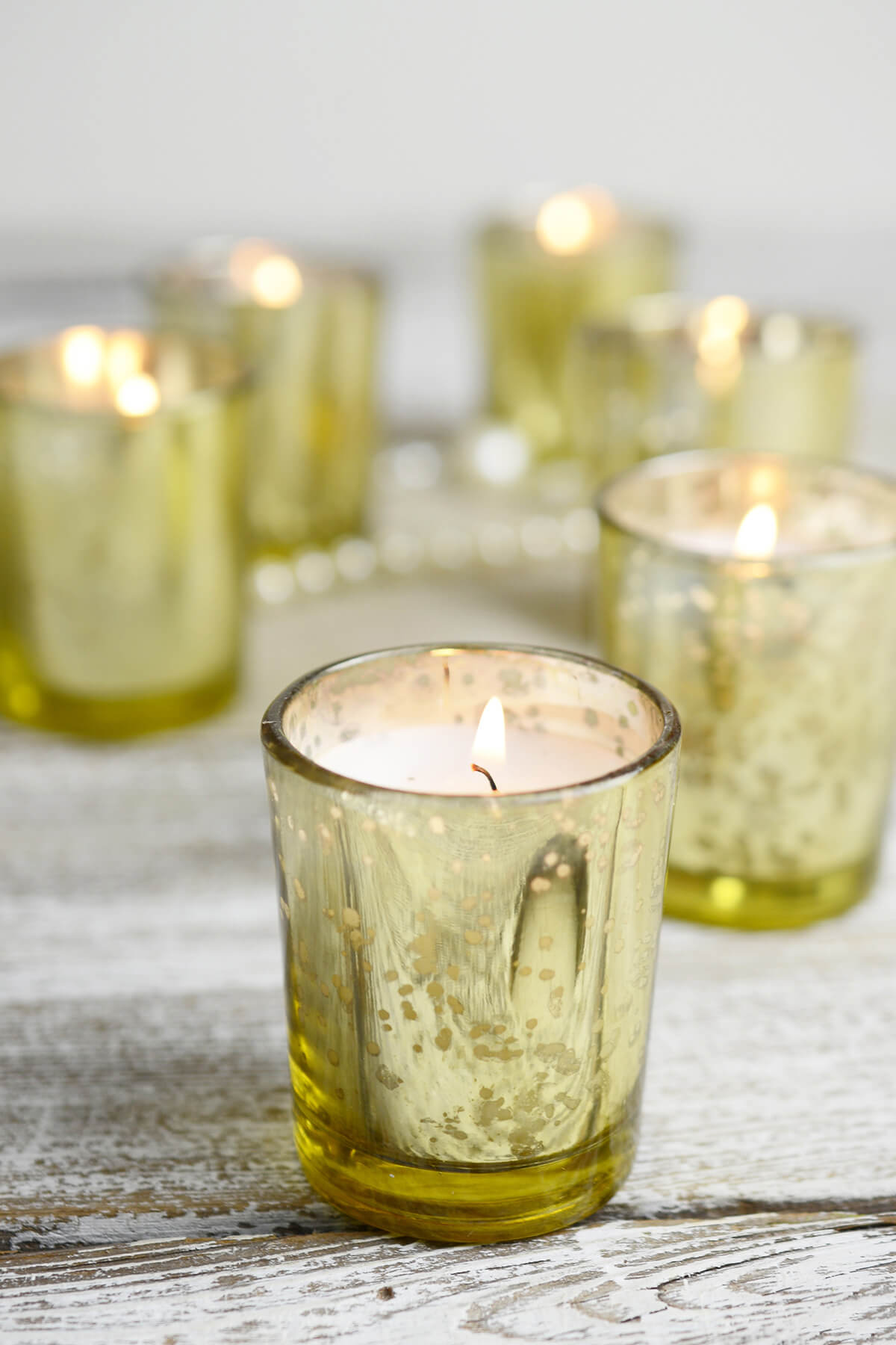 12 Gold Mercury Glass Votive Holders and 12 White Unscented Candles