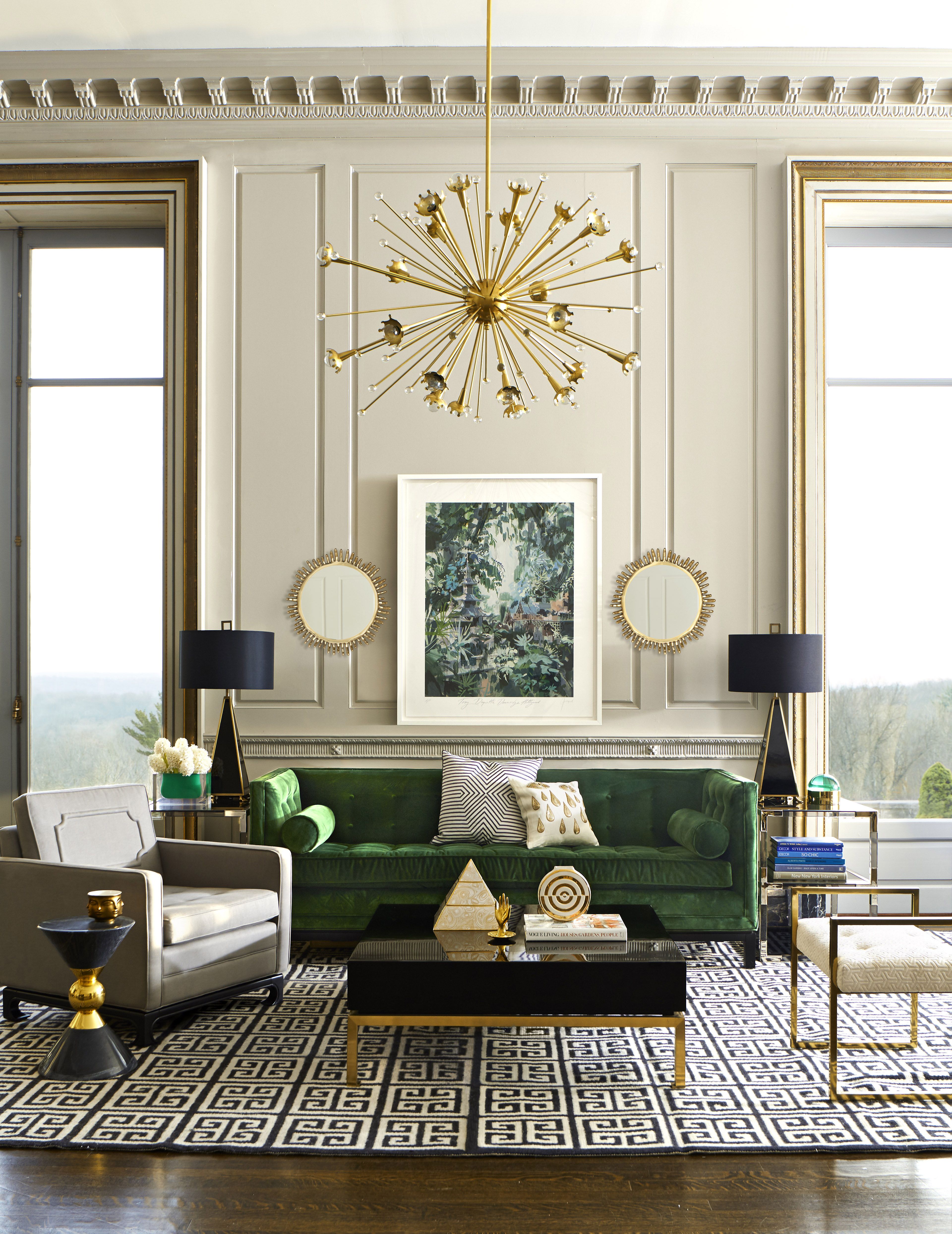 An emerald living room oasis complete with Jonathan Adler furniture ...