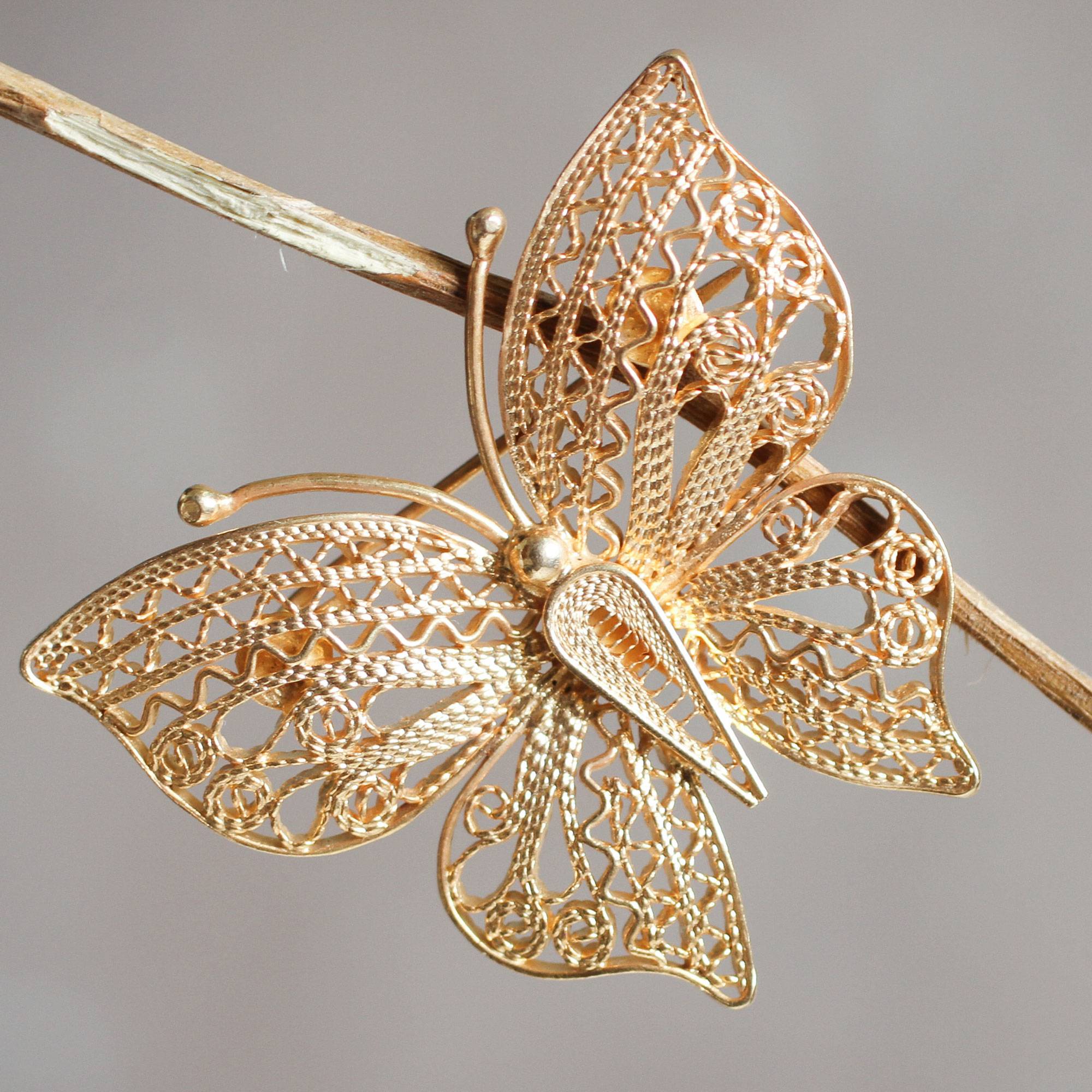 Handmade Gold Plated Filigree Butterfly Brooch Pin - Catacos ...