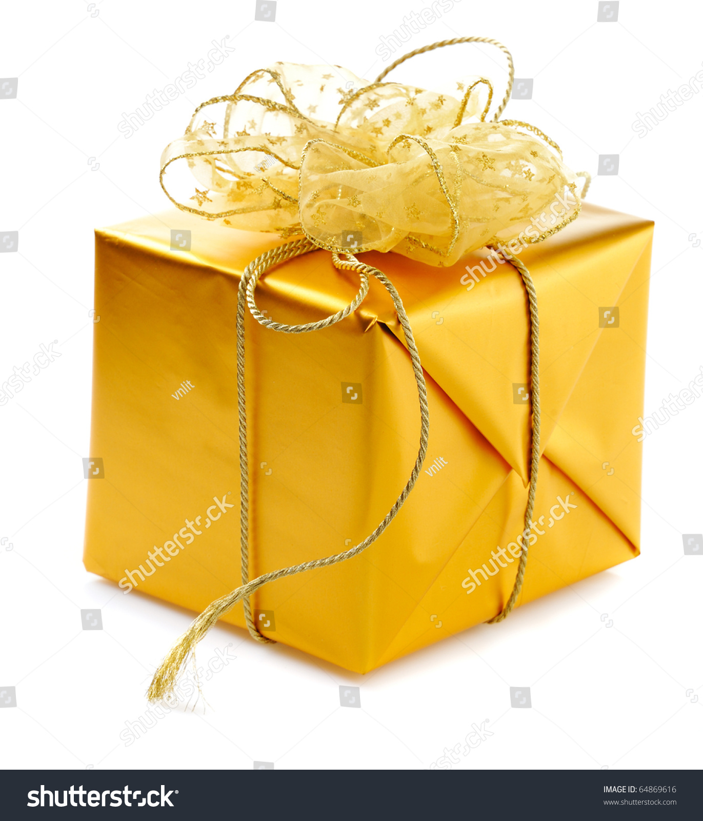 Gold Gift Box Golden Ribbons Bow Stock Photo (Safe to Use) 64869616 ...