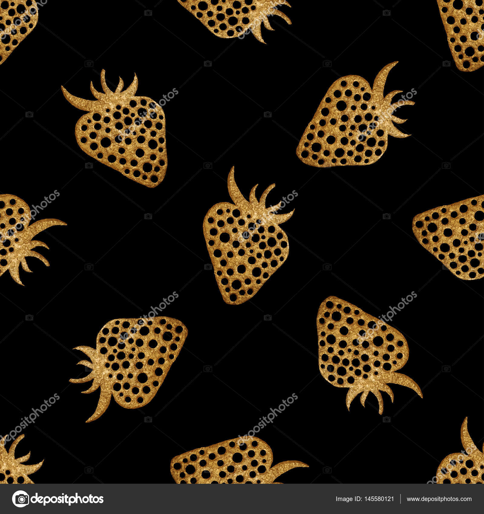 Gold strawberry seamless pattern. Berry hand painted abstract nature ...
