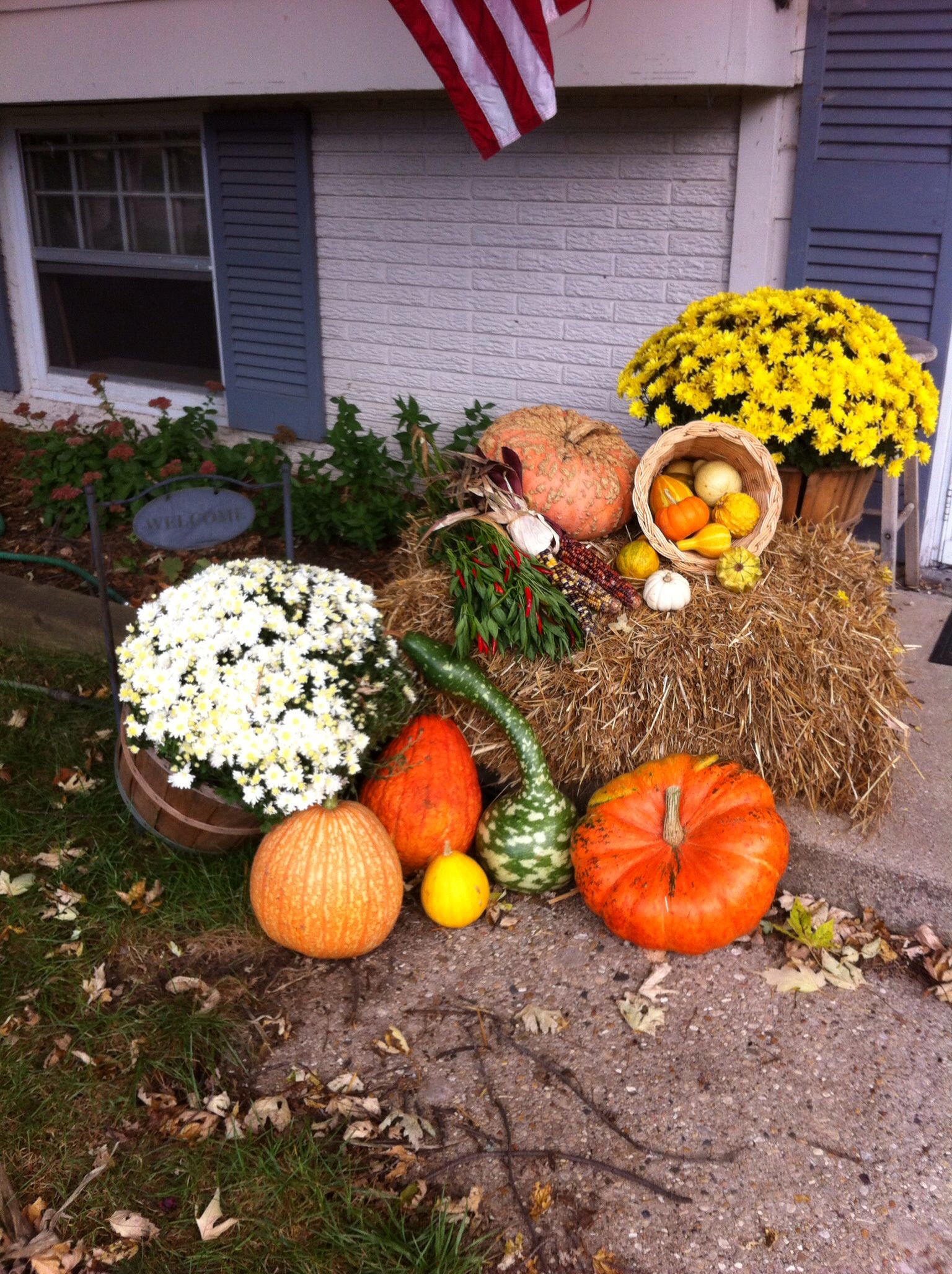 Pumpkins, gourds, Indian corn, mums, straw bale. #lovefall at my ...
