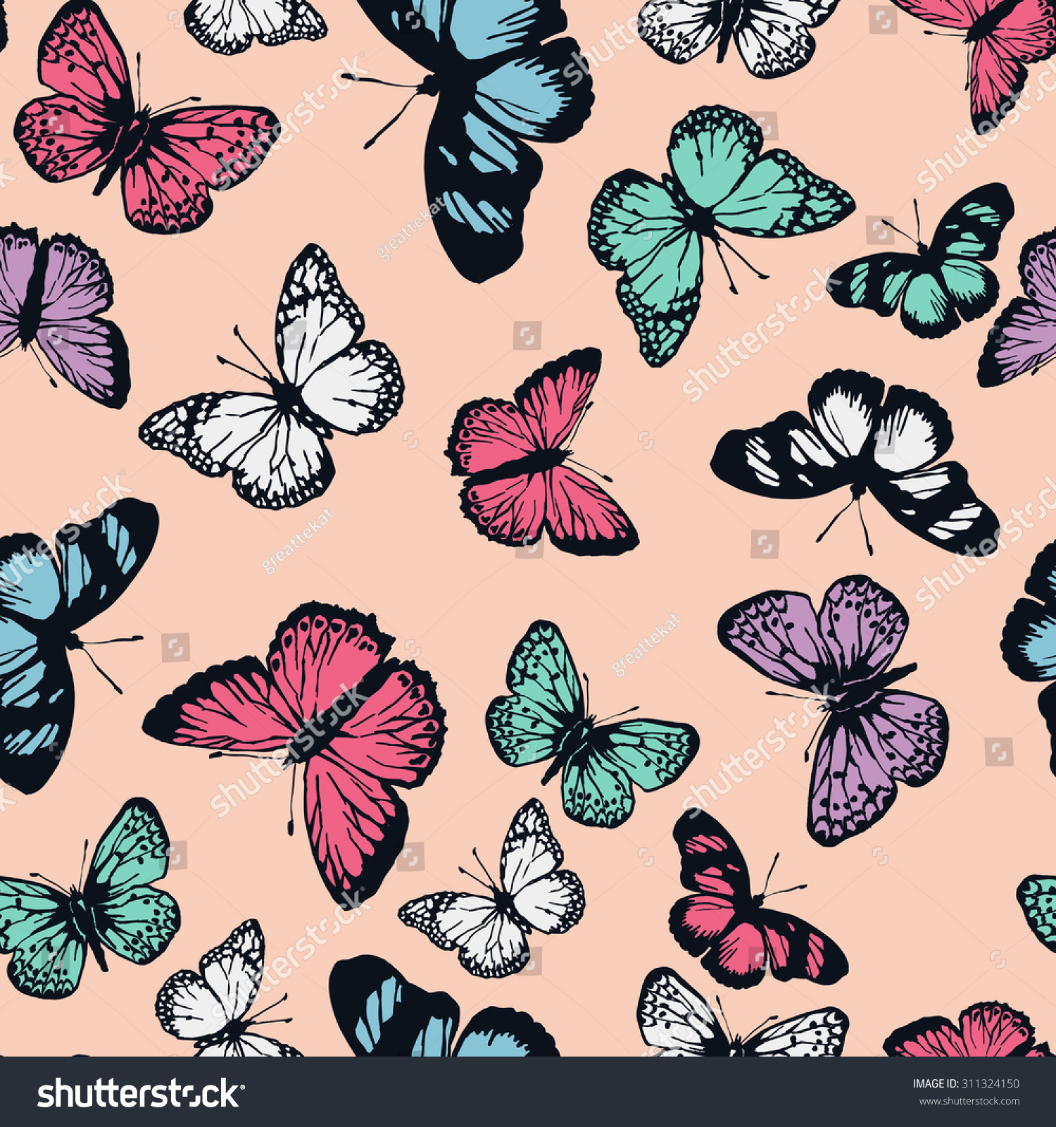 Vector Seamless Cute Graphical Flying Butterflies Stock Vector (2018 ...