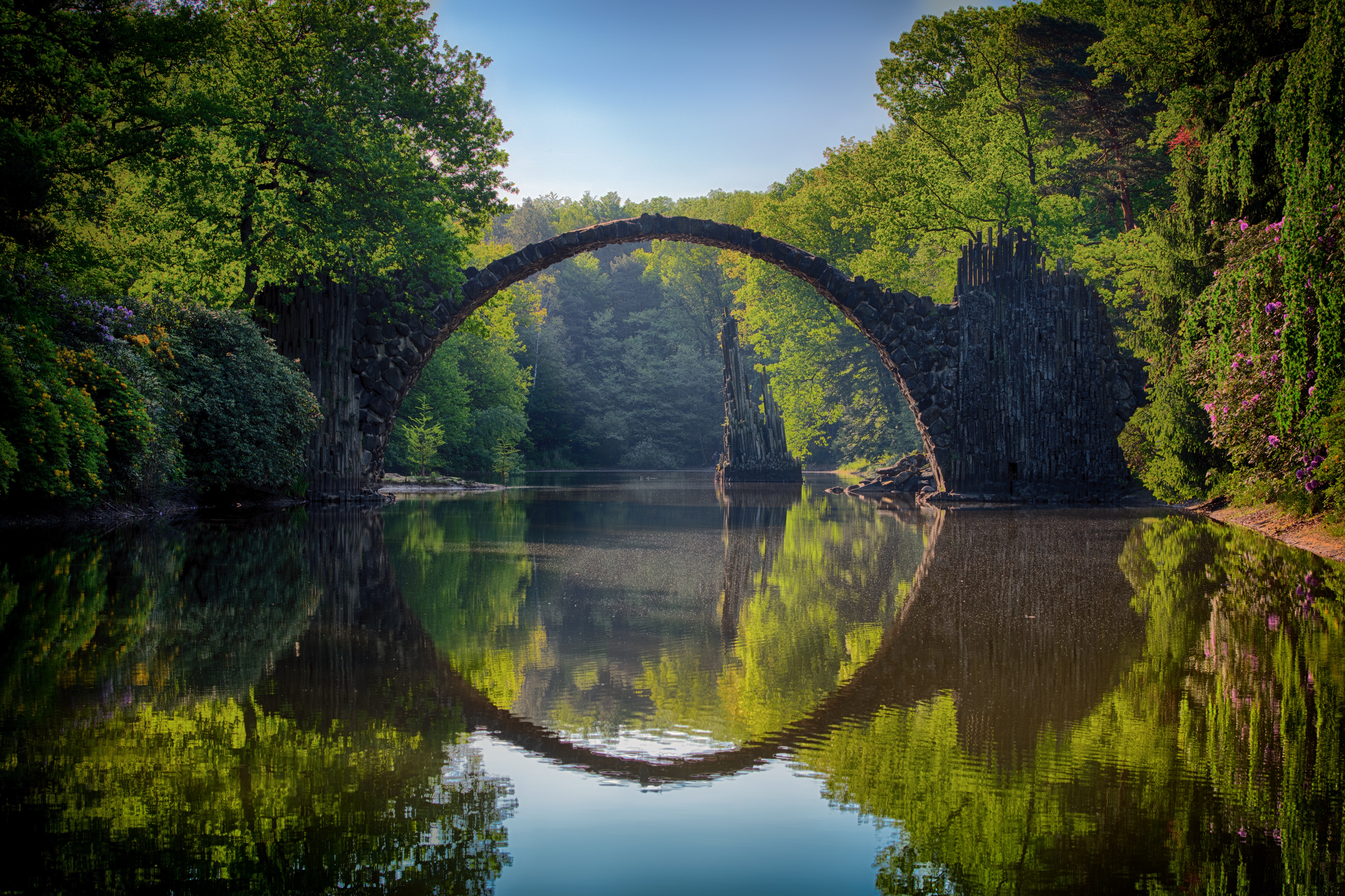Gray Bridge and Trees, Arch, Park, Water, View, HQ Photo