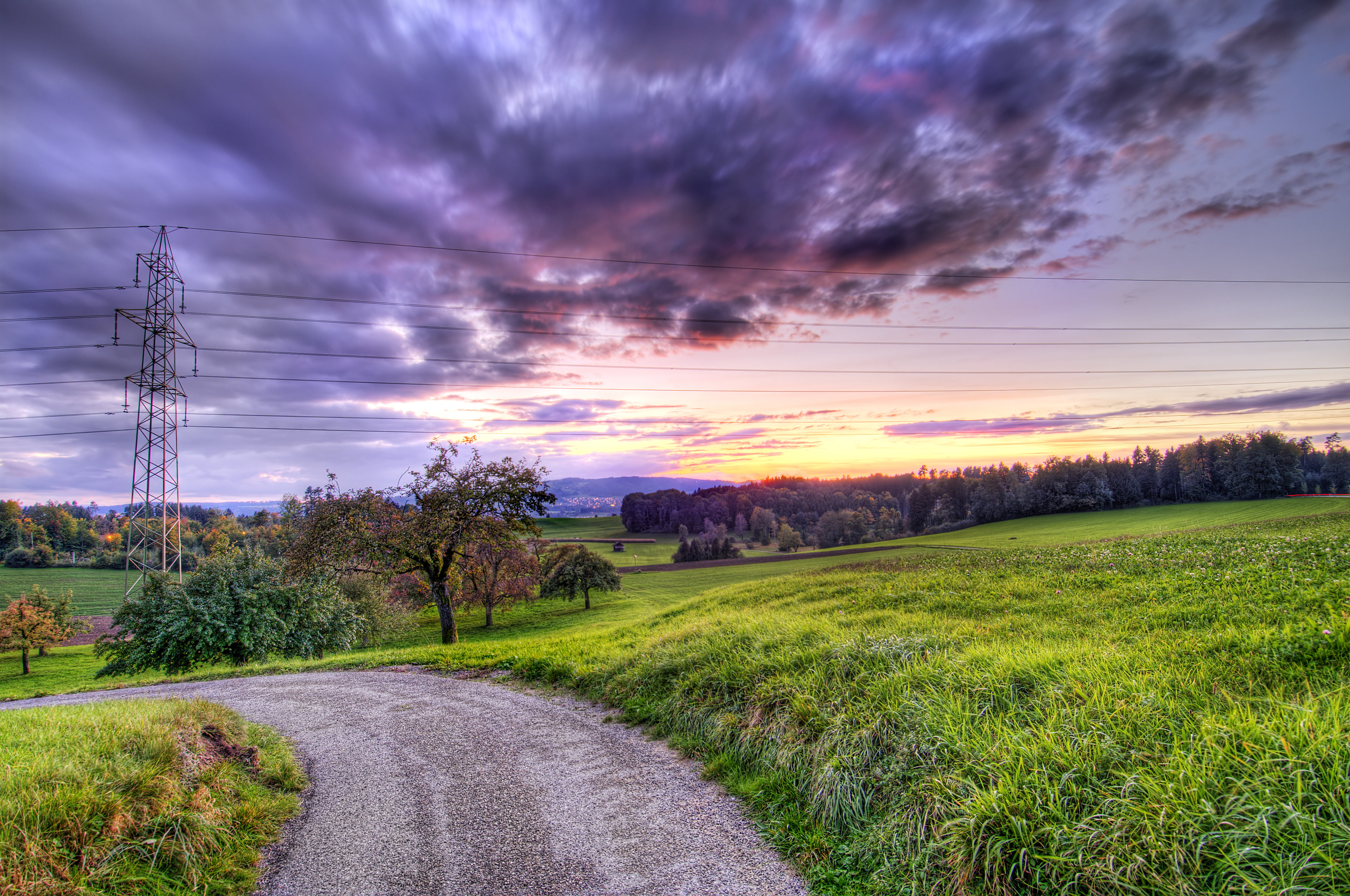 Empty road in between grass field under gray clouds during sunset HD ...