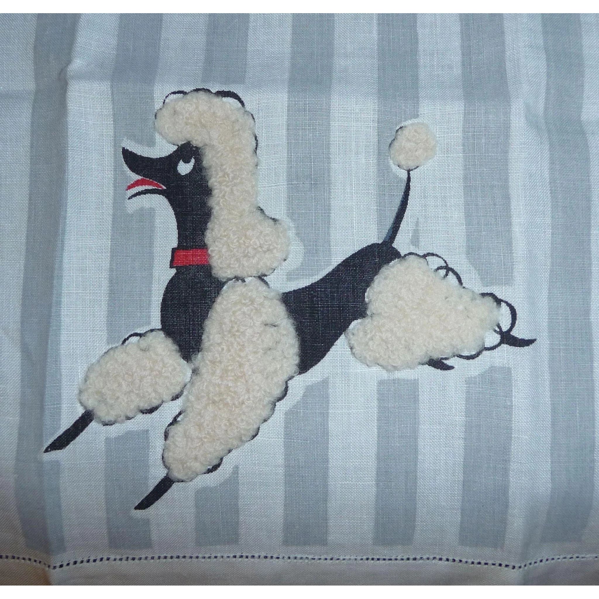 1950s Boucle Black & White Poodle on Gray White Striped Linen Hand ...