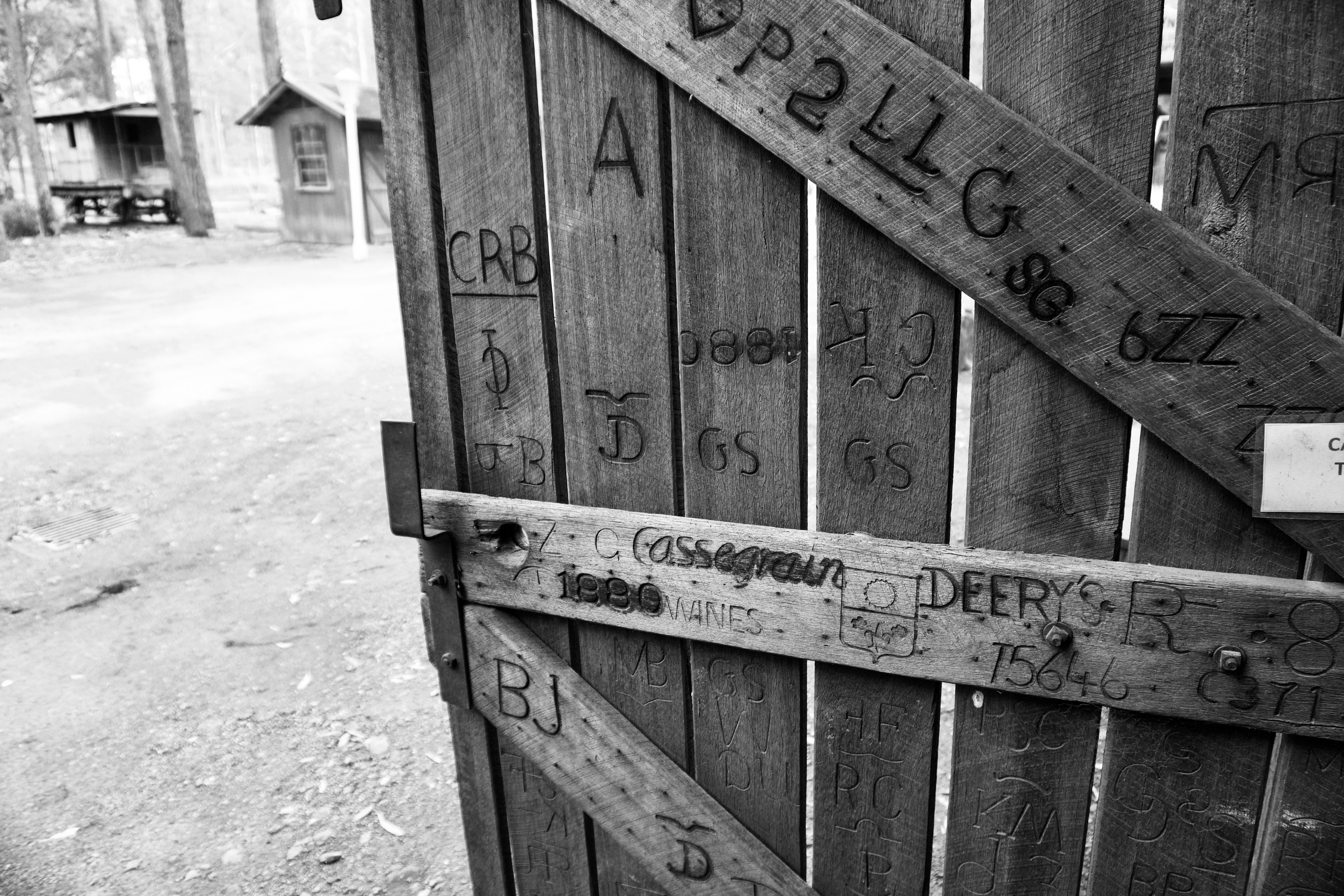 Gray scale photo of brown wooden gate